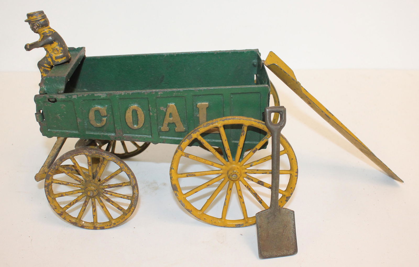 ca 1930's Hubley cast iron coal cart w driver, shute & shovel (cart only - nor horse) - 11" long (1 of 7)