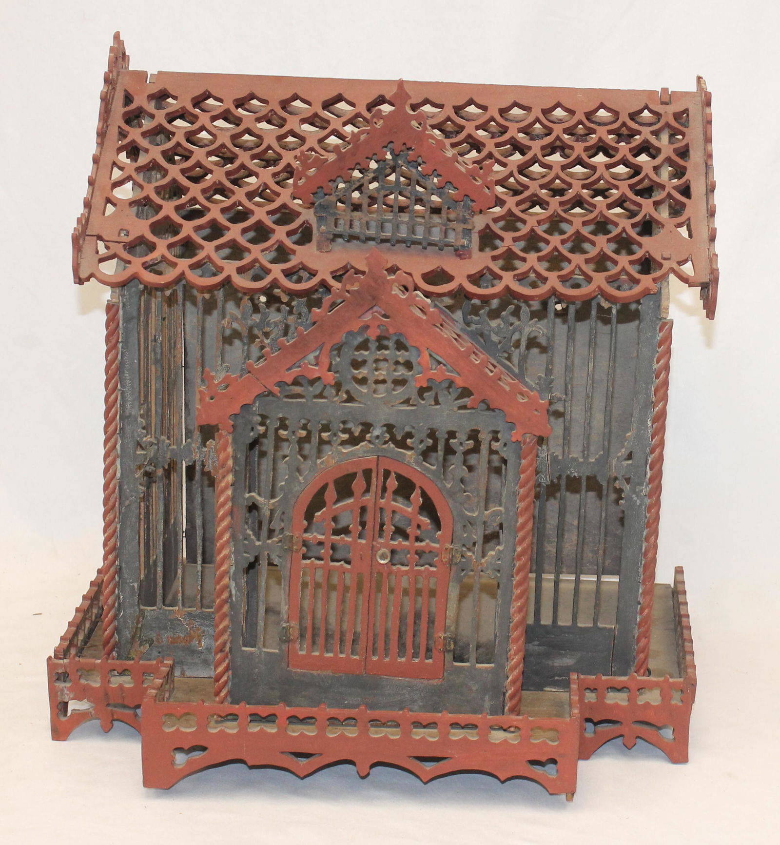 ca 1920's wooden painted bird cage in red, blue & grey - 18" tall x 17" wide x 13 1/2" deep (1 of 5)