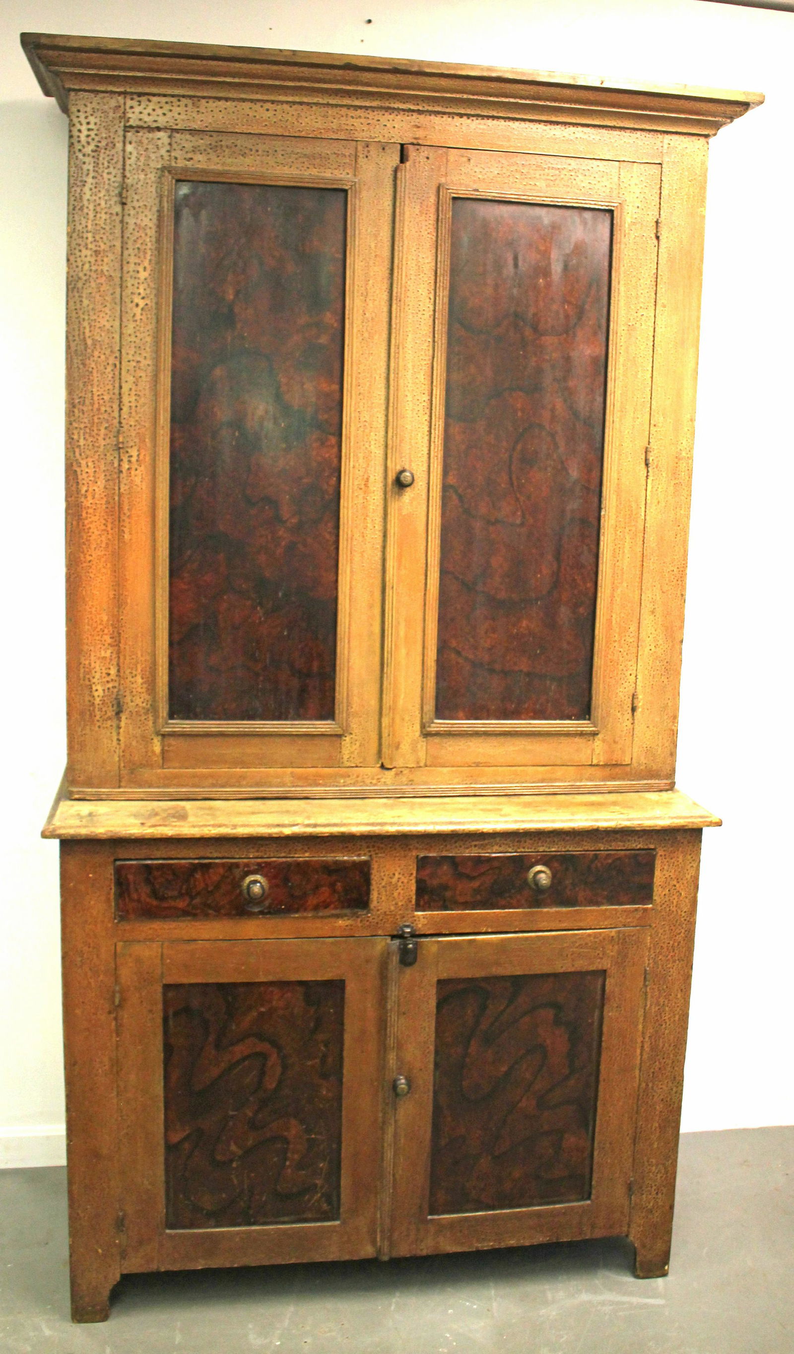 19thC 2 door over 2 drawer over 2 door cupboard in mustard alligatored surface w grain painted (1 of 14)
