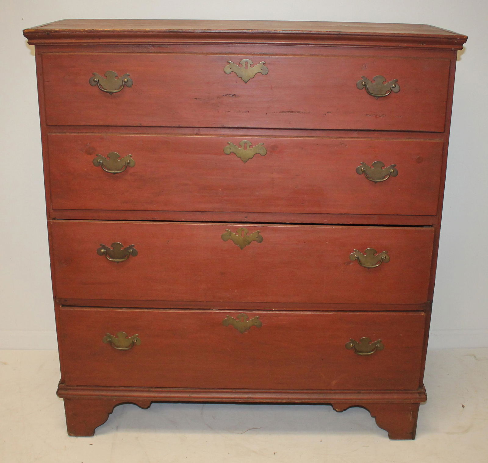 19thC 2 drawer blanket chest on bracket base in red - 45" tall x 41" wide x 16 1/2" deep (1 of 8)