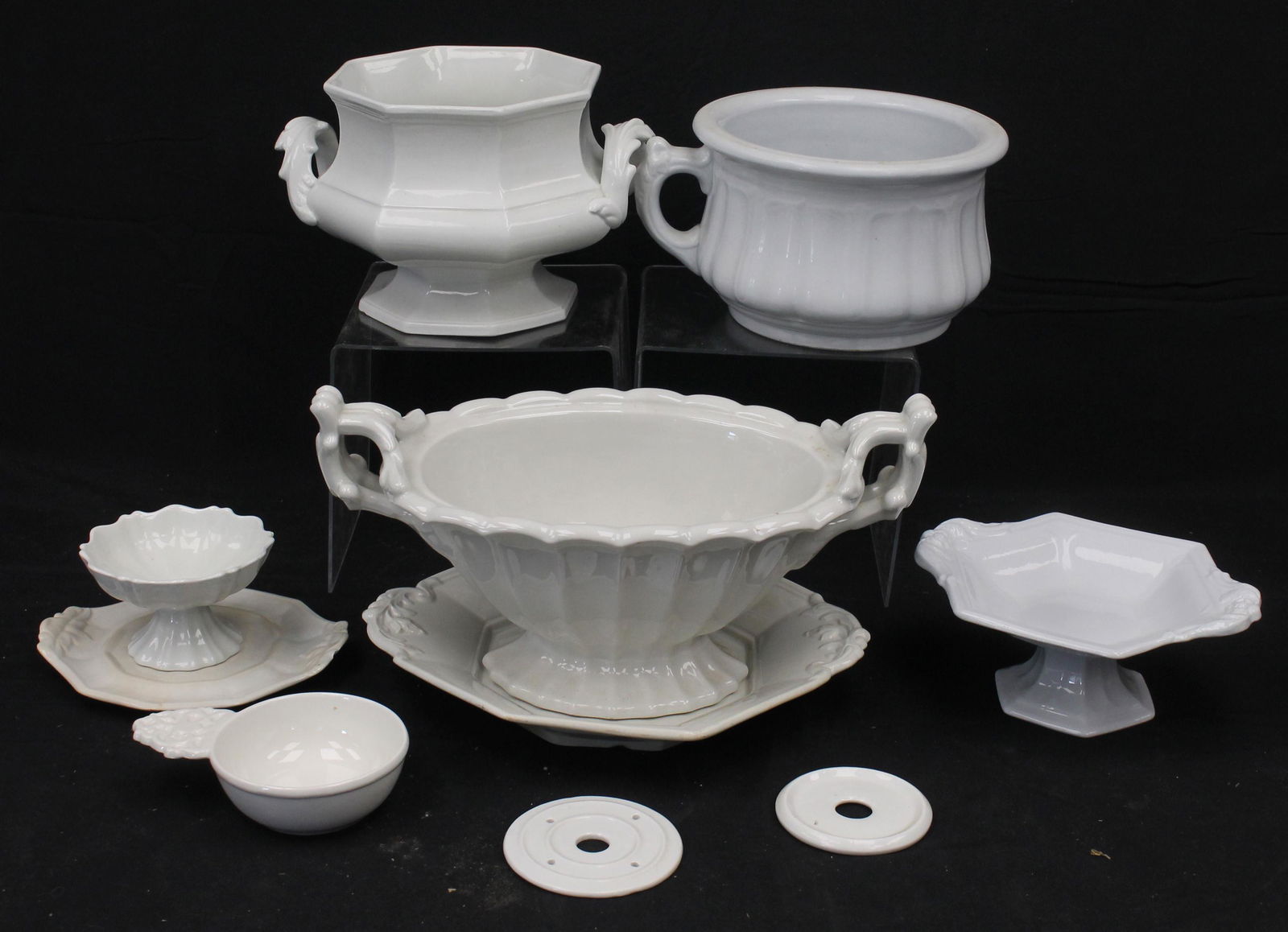 Lot of 10 pcs of ironstone incl 8 1/4" tall tureen, undertray, compote, saucer, porringer, etc (1 of 14)