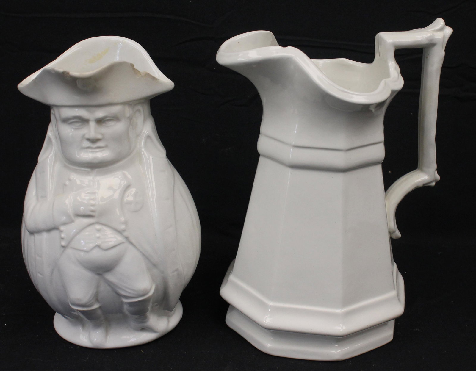 Lot of 2 ironstone pitchers incl a figural toby - 10 1/2" & 10": Lot of 2 ironstone pitchers incl a figural toby - 10 1/2" & 10"