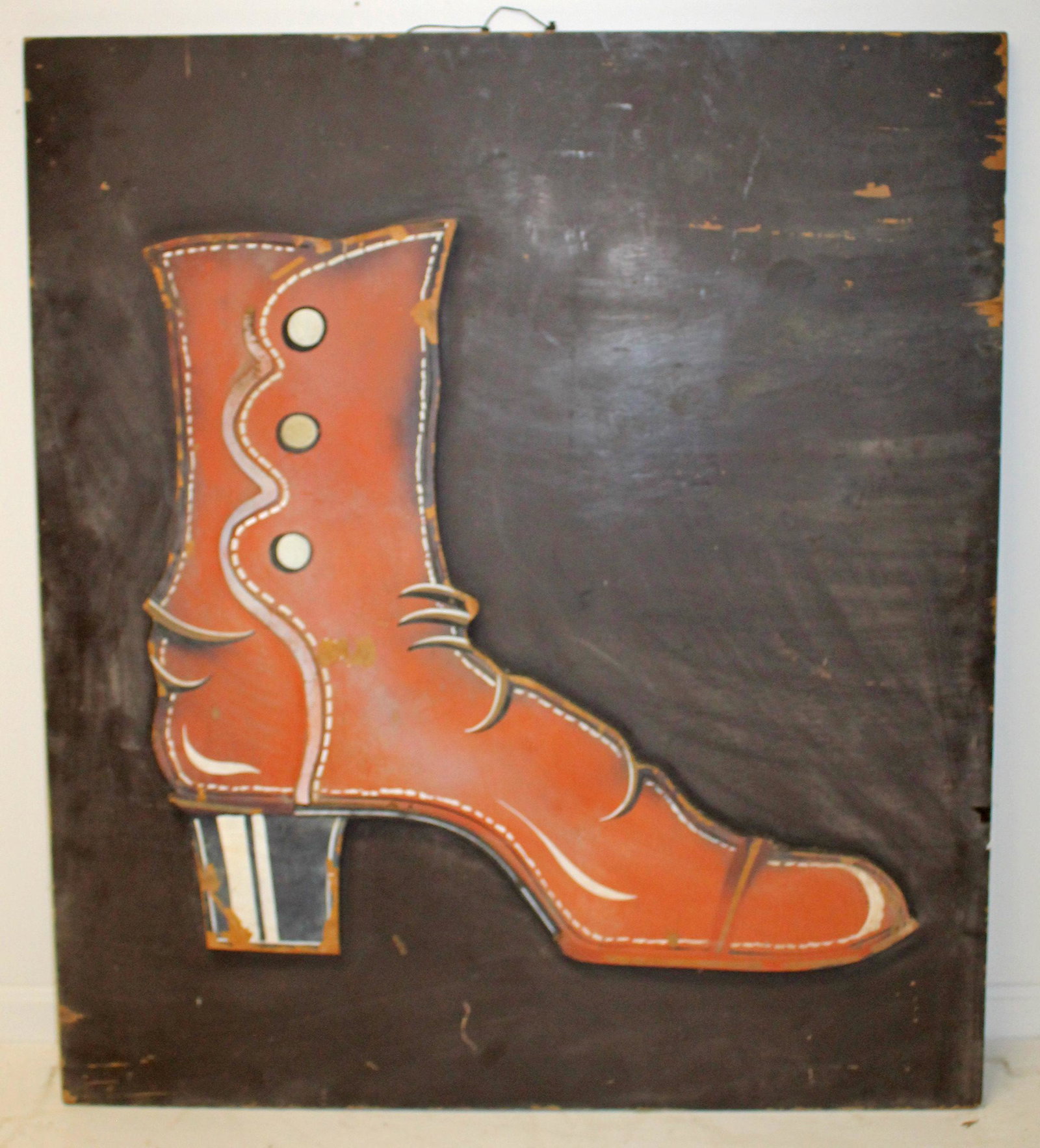 Large carved wooden & painted trade sign w applied ladies boot motif - 48"x42": Large carved wooden & painted trade sign w applied ladies boot motif - 48"x42"