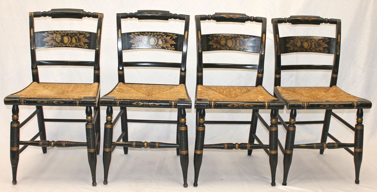Set of 4 sgnd Hitchcock black painted & stencilled sidechairs - 18" seat height (1 of 8)