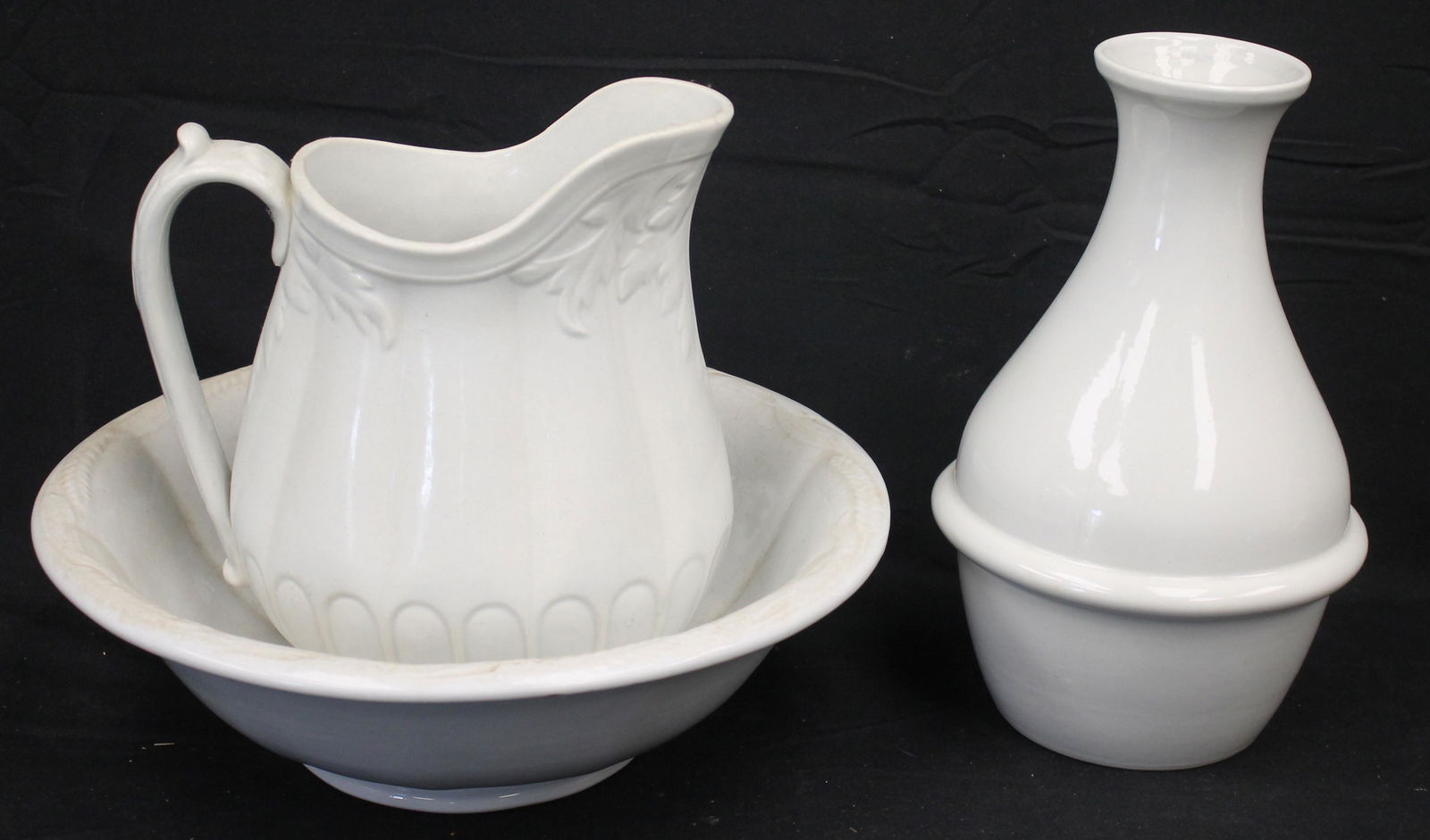 Lot of ironstone incl a wash bowl w pitcher & a ship decanter - 10 1/2" & 11 1/2" tall (1 of 7)