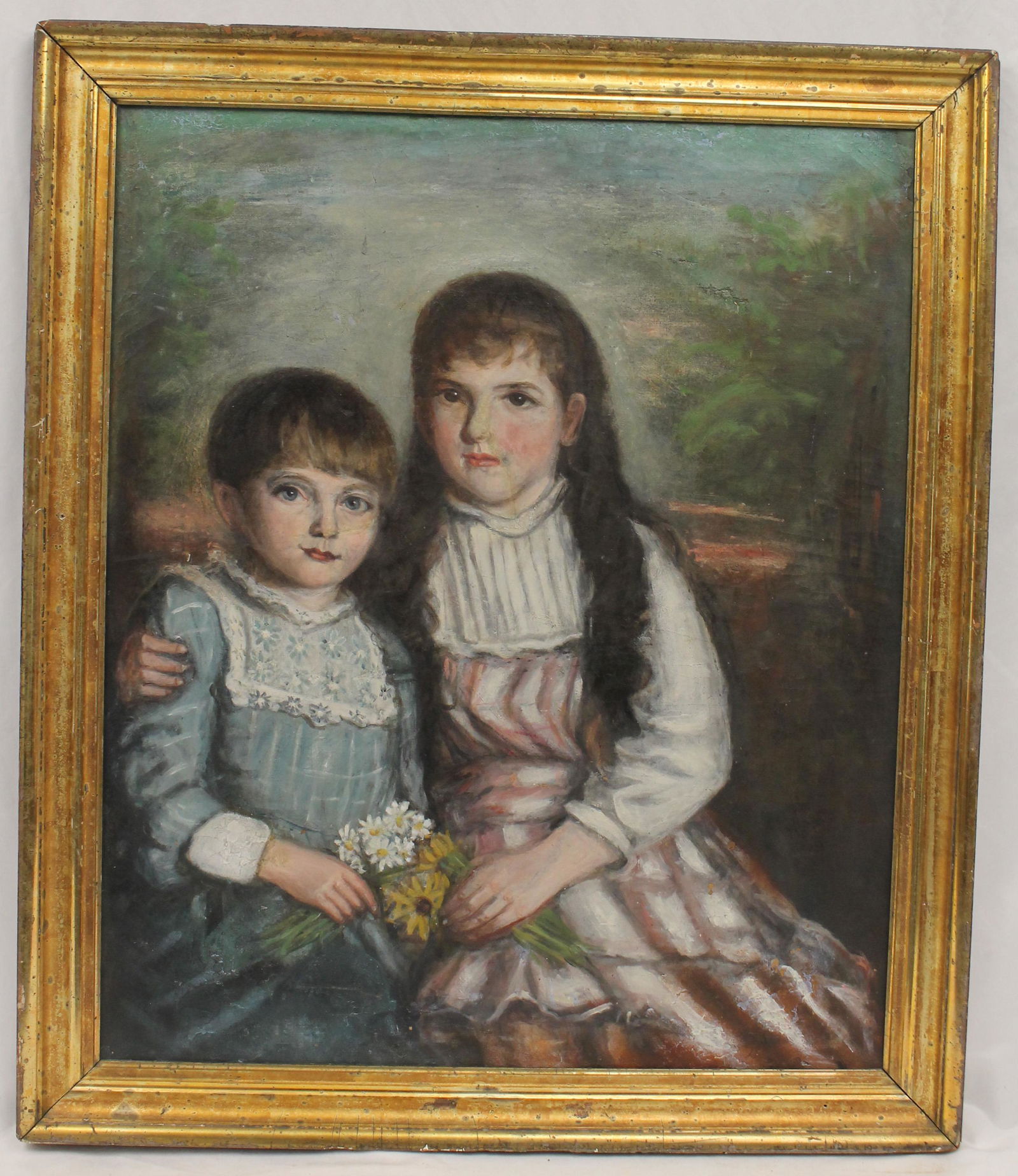 Folky antique portrait of 2 children - overall framed size 34 1/4" x 29 1/2 (1 of 12)