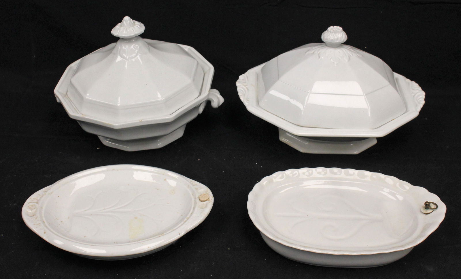 Lot of 4 pcs of ironstone incl 2 covered tureens & 2 hot water warming dishes - 11" wide tureens & (1 of 9)