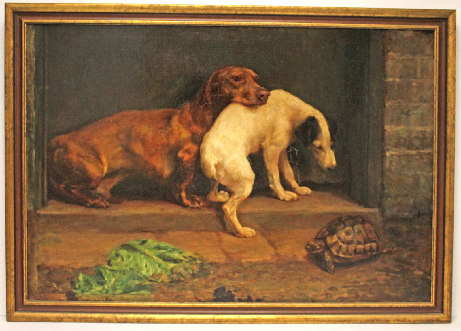 Antique o/c of a Dachschund & Jack Russell Terrier cowering away from a turtle - relined - overall (1 of 6)