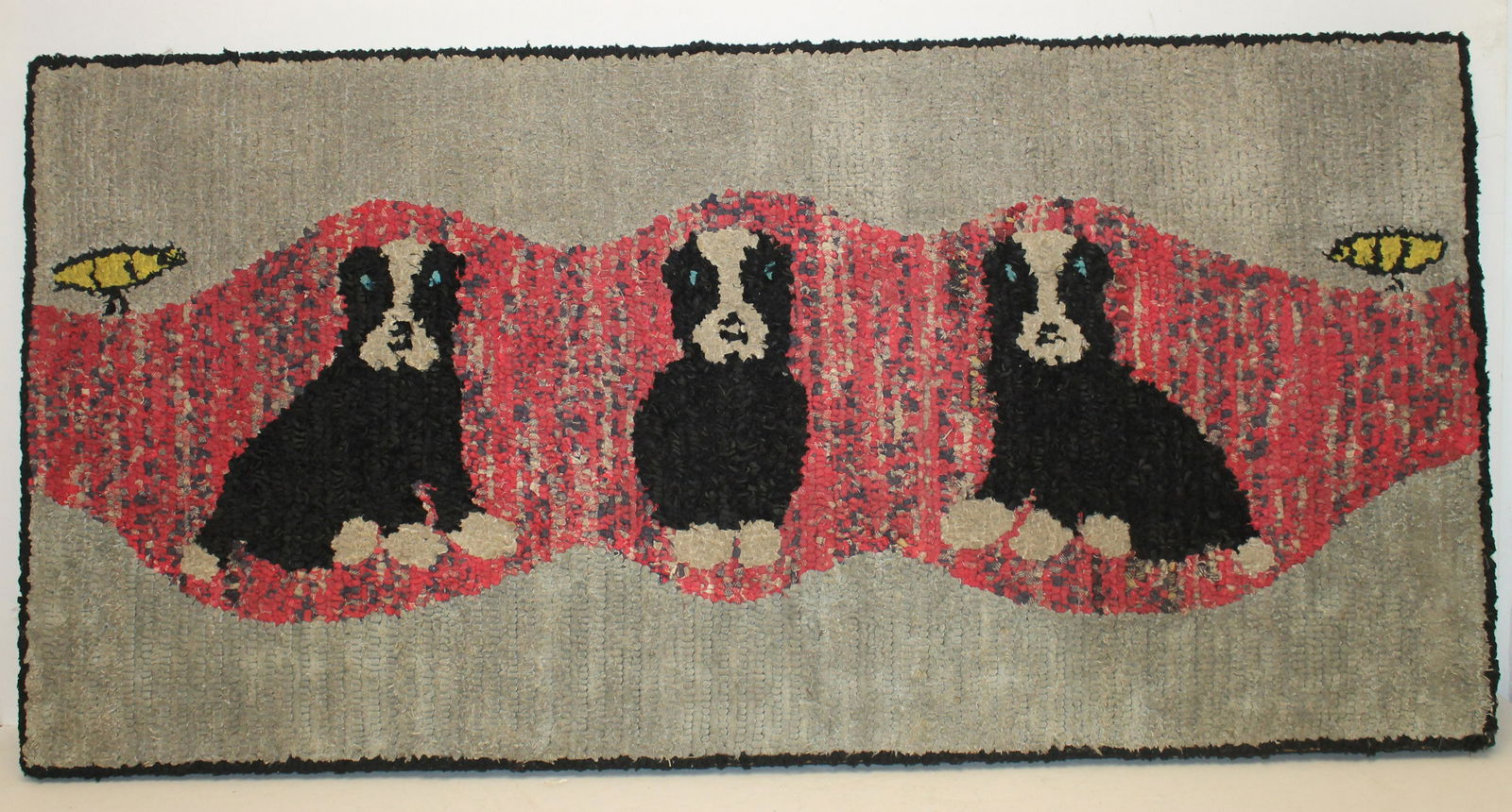 Mounted hooked rug w 3 puppies motif - 36 1/4"x17 1/2" (1 of 3)