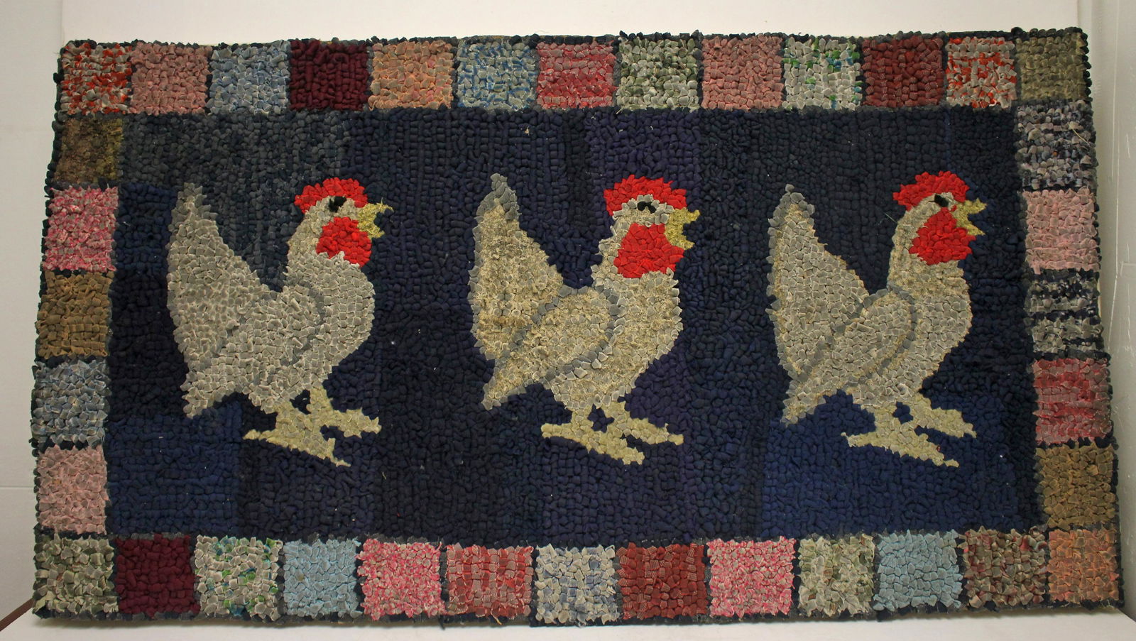 Mounted hooked rug w 3 roosters motif - 38 3/4"x21 1/4" (1 of 4)