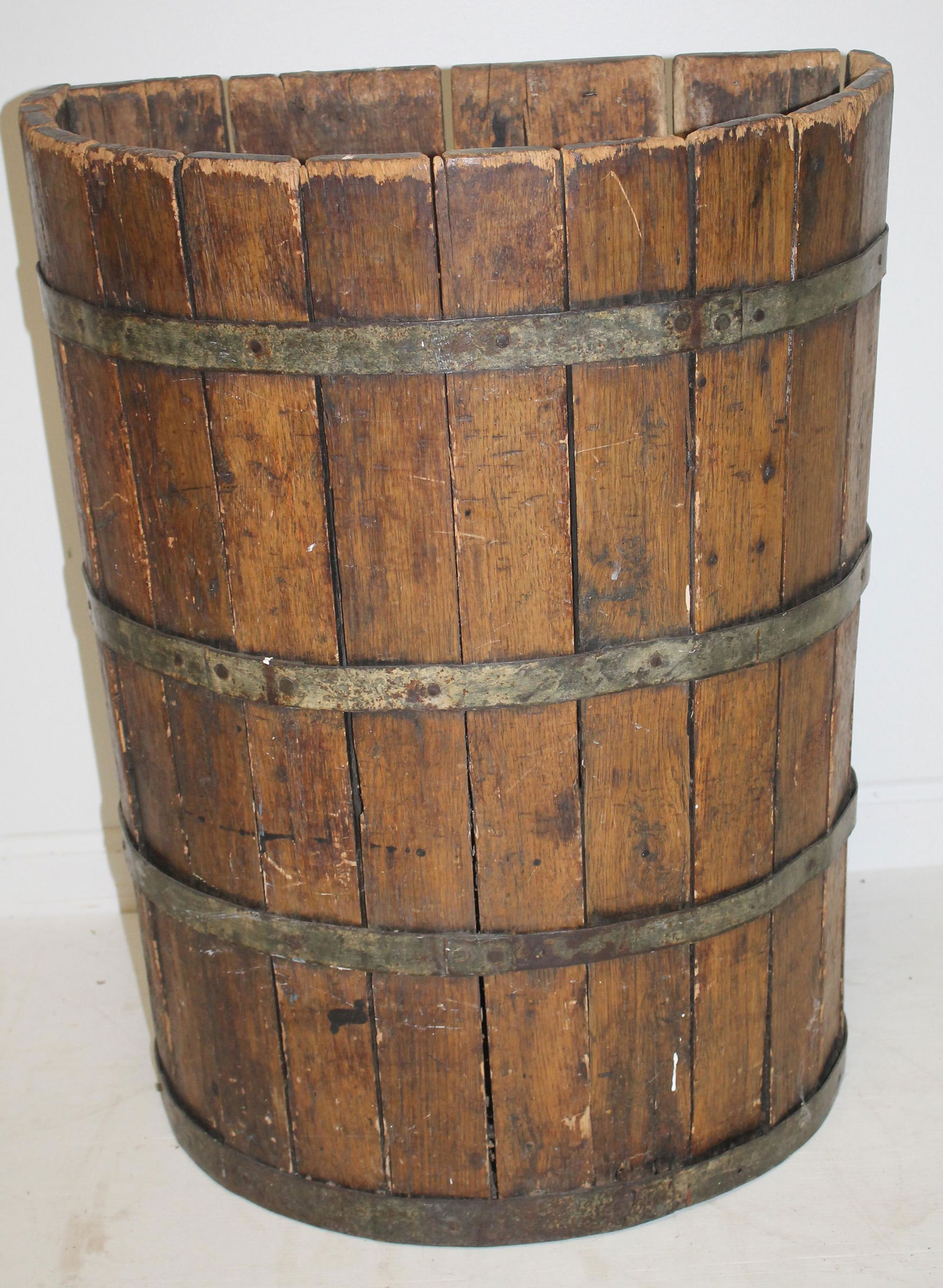 Wooden staved half barrel w iron bands - 26" tall x 21" wide x 11" deep (1 of 5)