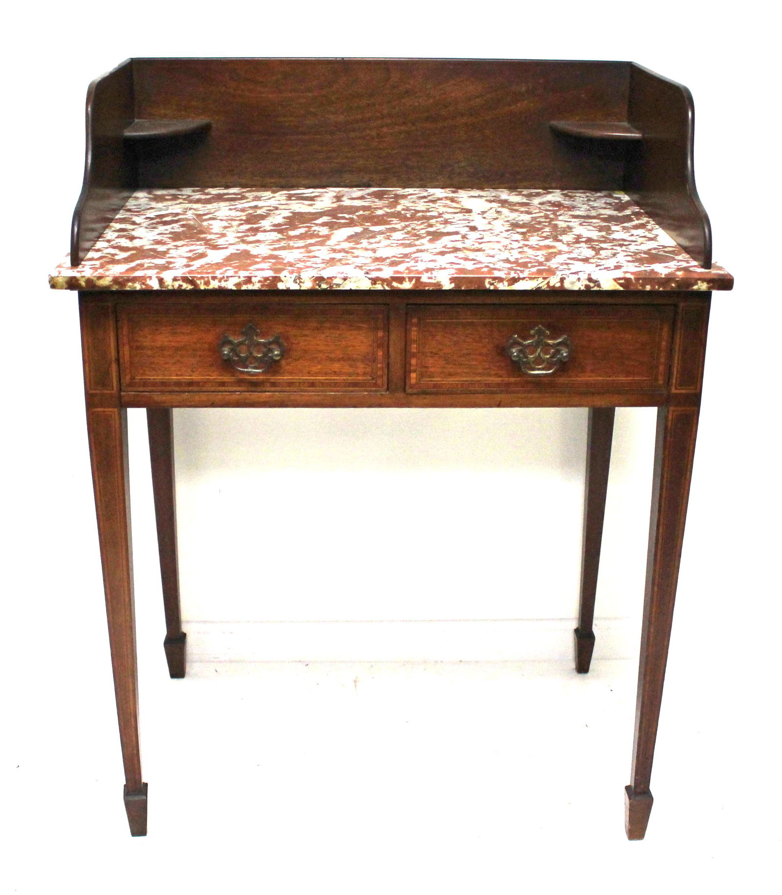 Hepplewhite style marbletop 2 dr marble top inlaid dressing table w gallery - 32" tall x 30" wide x (1 of 6)