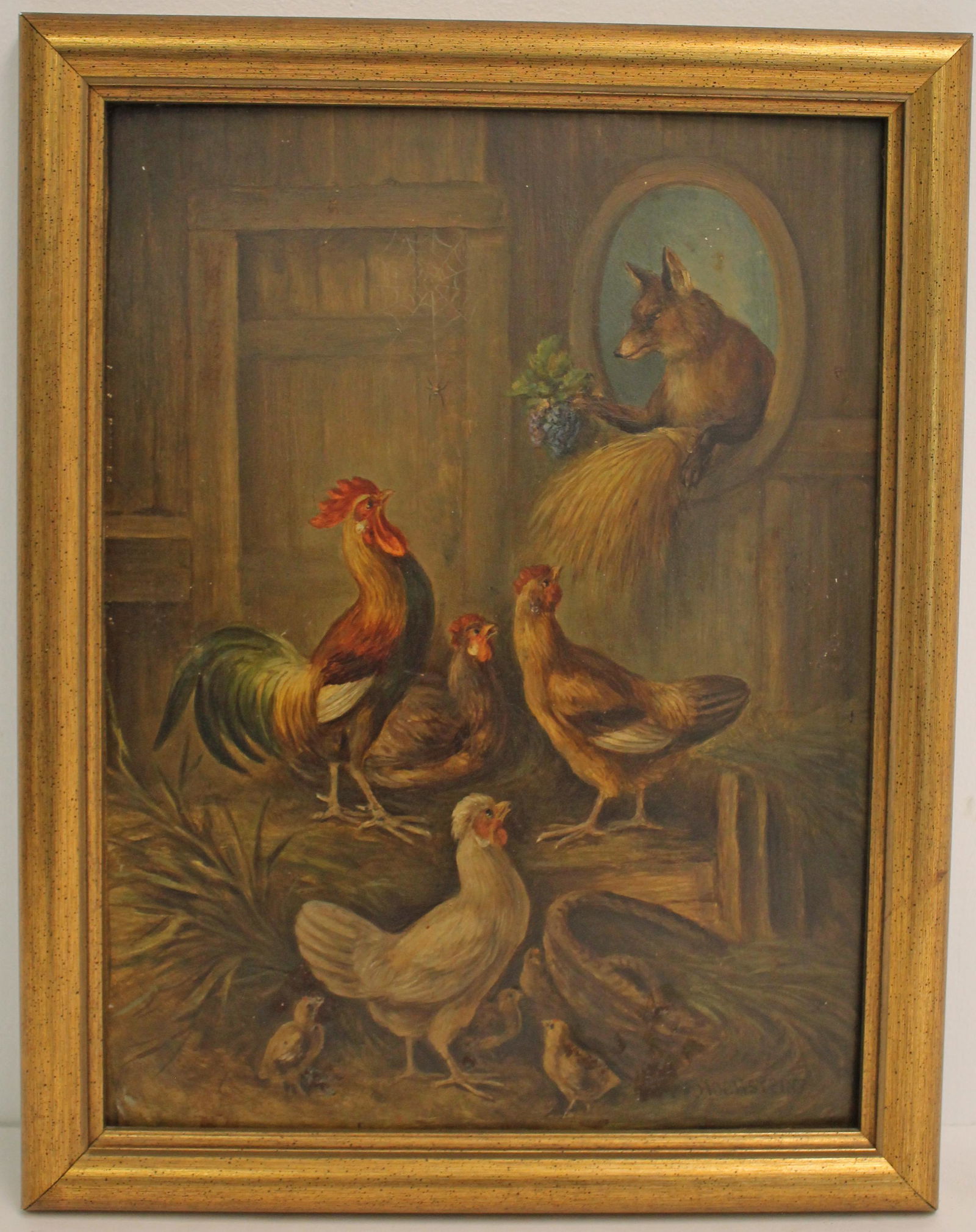 Anton Hochstein o/bd barn scene w chickens & fox - overall framed size - overall framed size 14"x11" (1 of 8)