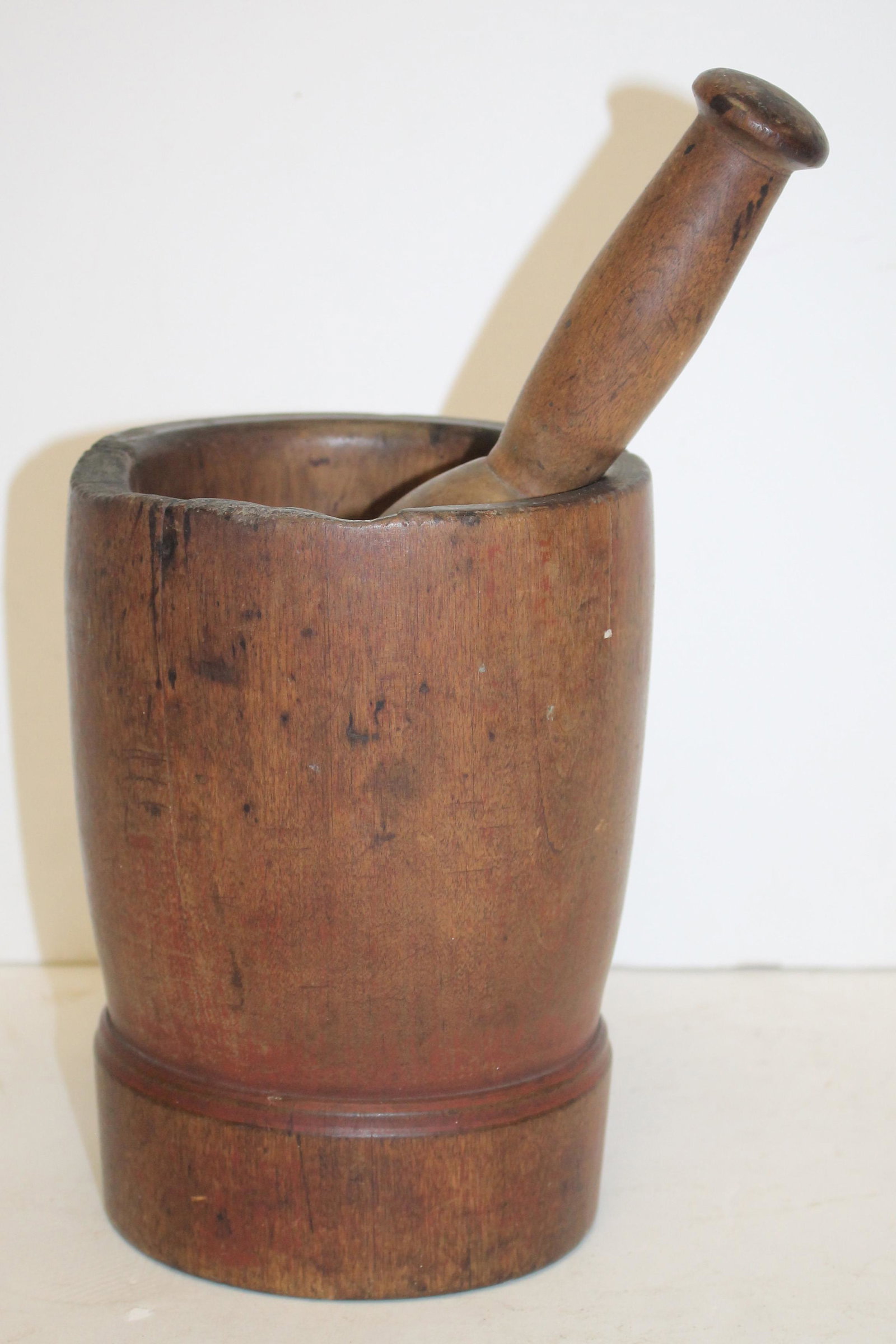18thC New England mortar & pestle w traces of red - 7 1/2" x 6" wide mortar: 18thC New England mortar & pestle w traces of red - 7 1/2" x 6" wide mortar