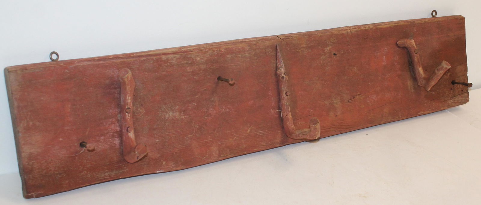 Antique wooden painted barn hook wall rack in red - 38" long x 8" tall (1 of 8)