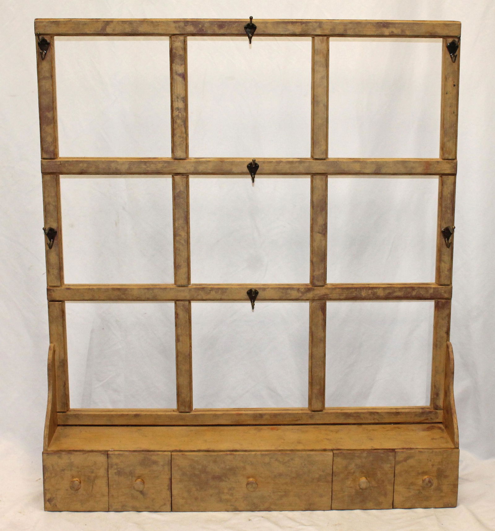 Wooden painted hanging wall shelf w w drawers & hooks in mustard - 36" wide x 41 3/4" tall (1 of 7)