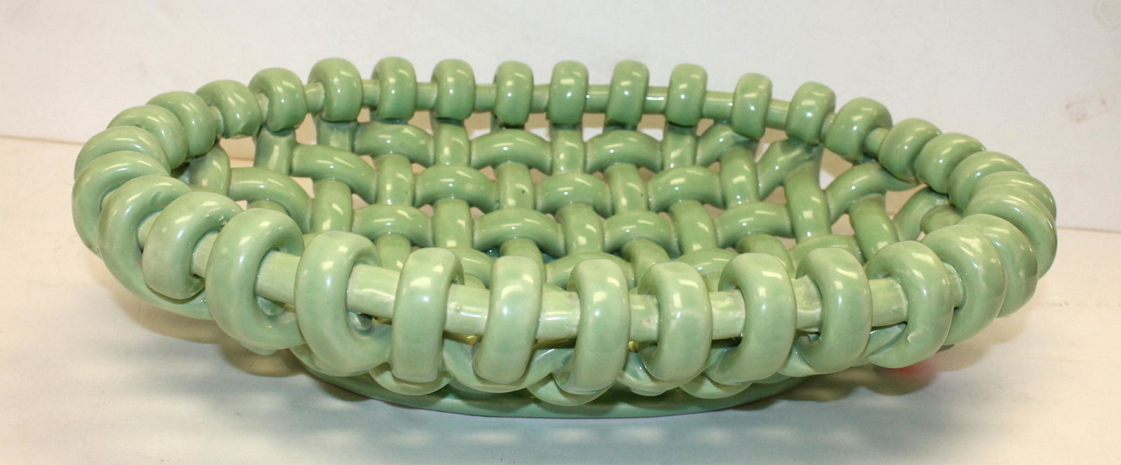 Mid-Century Modern sgnd Jerome Massier basket weave pottery center bowl in green glaze - 16 1/2"x11: Mid-Century Modern sgnd Jerome Massier basket weave pottery center bowl in green glaze - 16 1/2"x11 1/2"