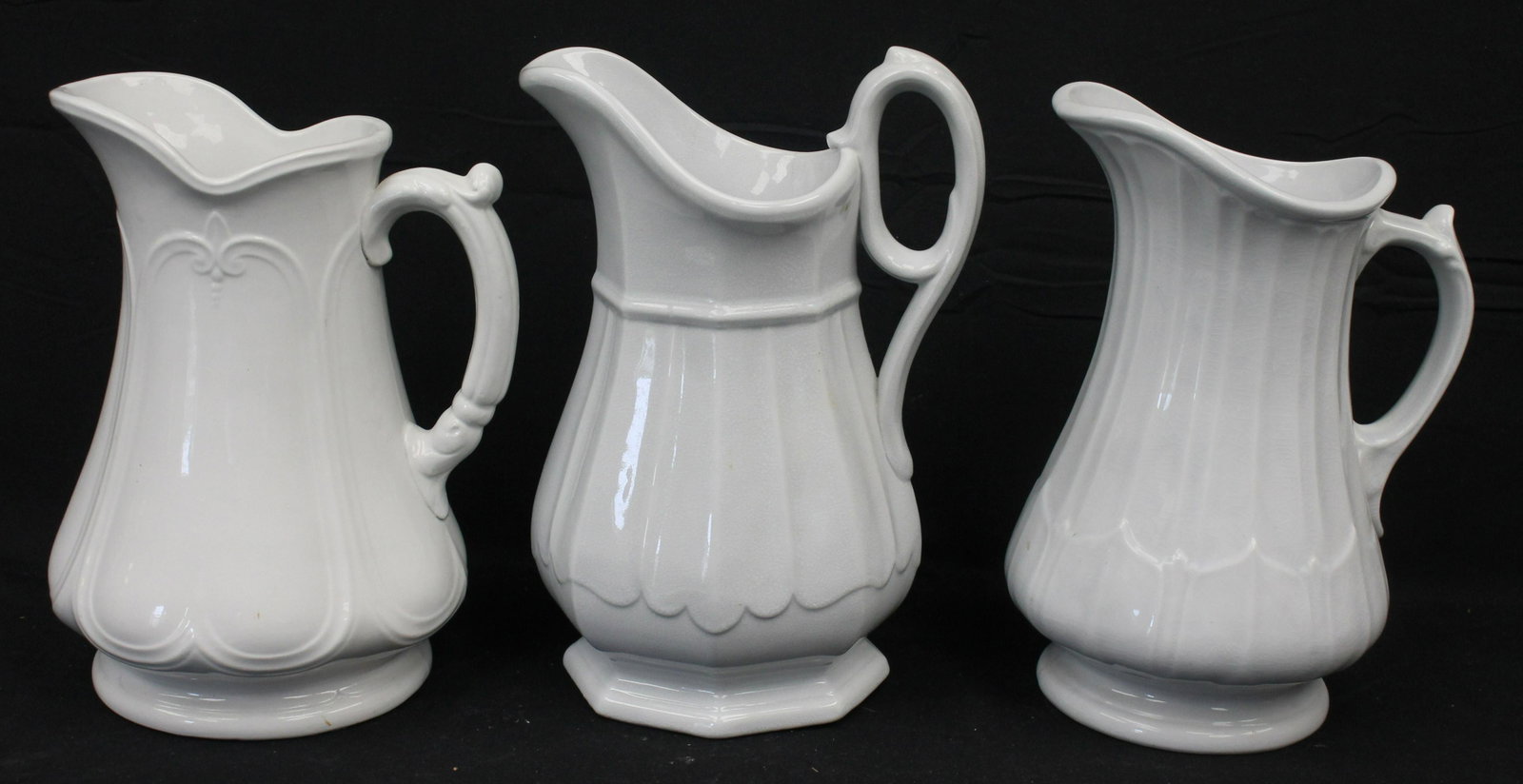 Lot of 3 ironstone pitchers - 12", 11 1/2" & 11": Lot of 3 ironstone pitchers - 12", 11 1/2" & 11"