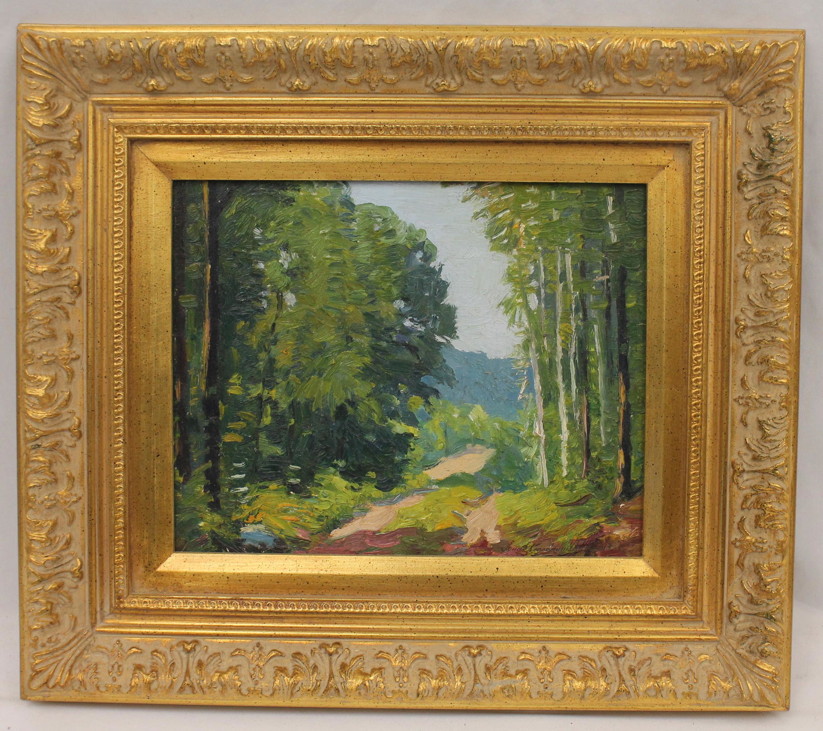 sgnd illegibly o/bd summer forest landscape dated 1927 on verso - overall framed size 13 1/2"x15 (1 of 8)