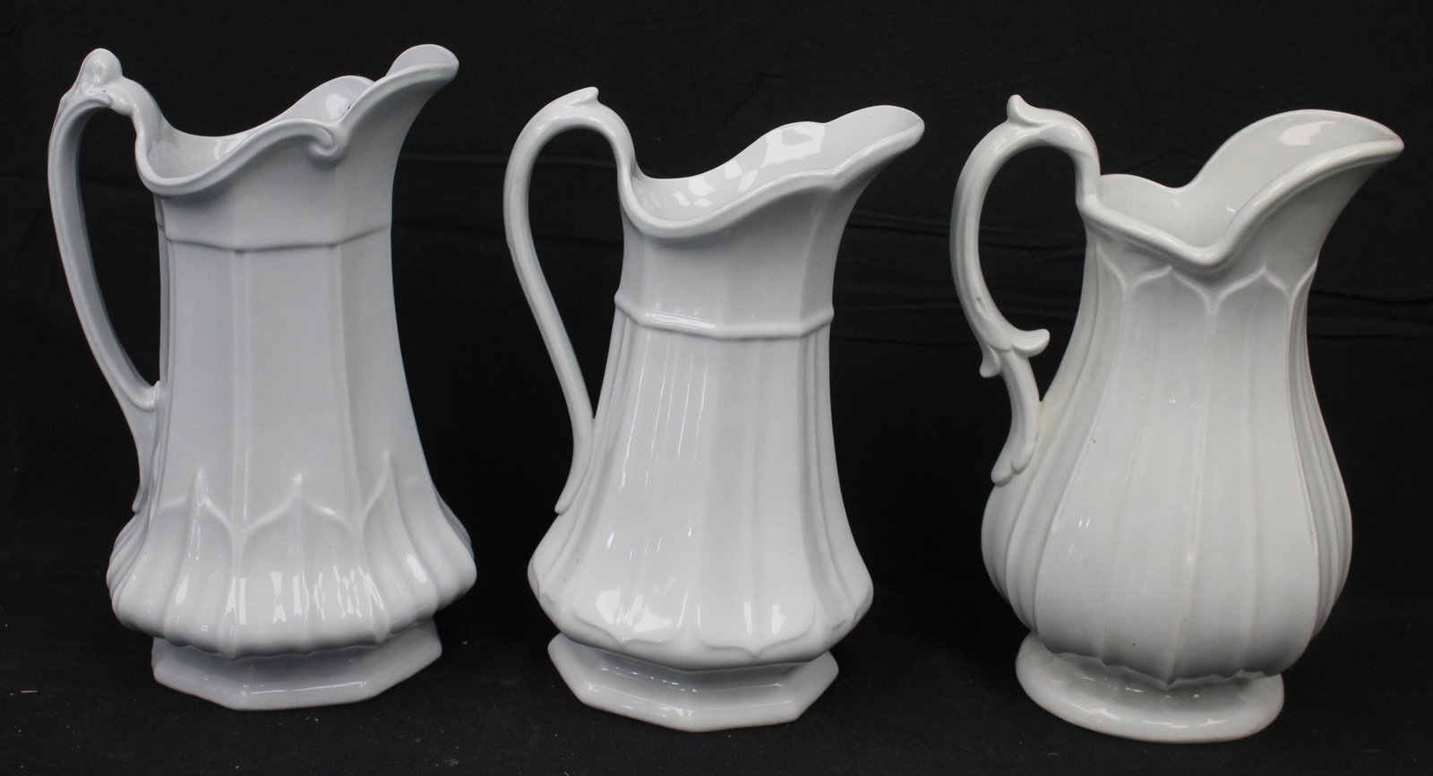 Lot of 3 ironstone pitchers - 12", 12 1/2", 12 3/4" tall: Lot of 3 ironstone pitchers - 12", 12 1/2", 12 3/4" tall