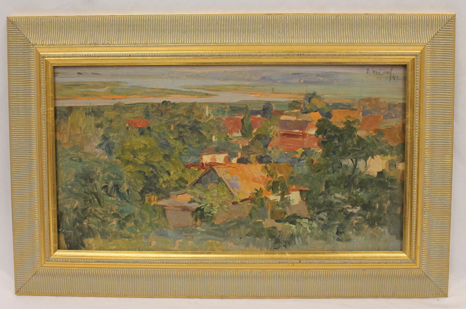 Sgnd illegibly o/bd landscape w rooftops dated 1943 - overall framed size 13 1/2"x21 1/2" (1 of 7)
