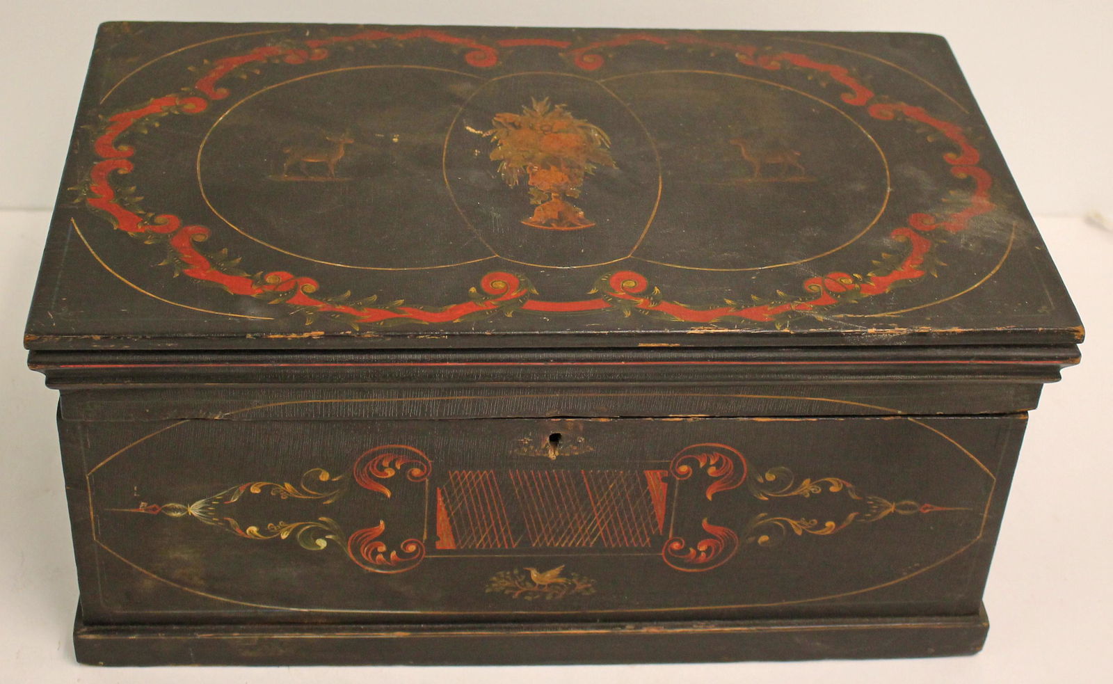 wonderful wooden carved & deer/floral paint decorated carriage painterâ€™s antique box - 7 3/4" tall (1 of 9)