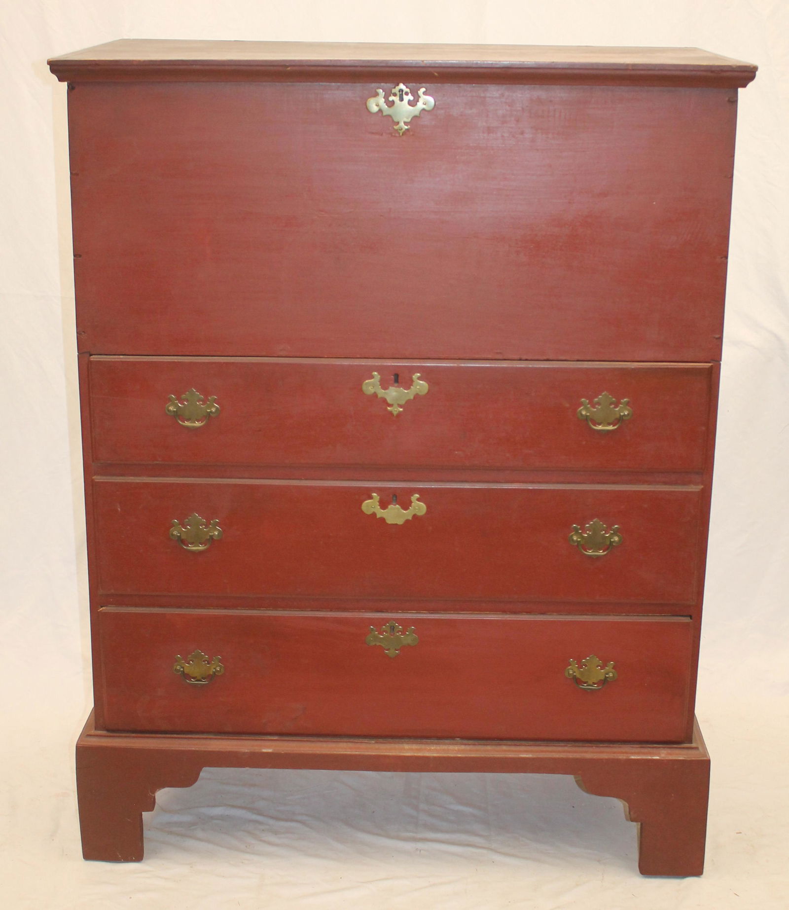 Antique 3 drawer blanket chest in red paint - as found w new base - 51 1/2" tall x 39 1/2" wide x (1 of 14)