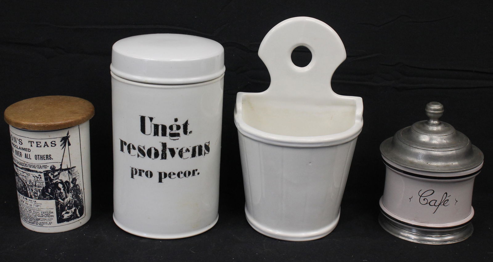 Lot of 4 ironstone pcs incl 2 tea cannister - 1 w wooden lid, wall box & cafÃ© canister w pewter lid (1 of 7)