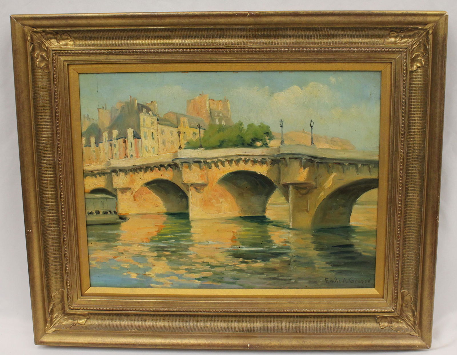 sgnd Emile A Gruppe o/bd bridge scene w sketch of same on verso - overall framed size 19 1/2"x23 (1 of 6)