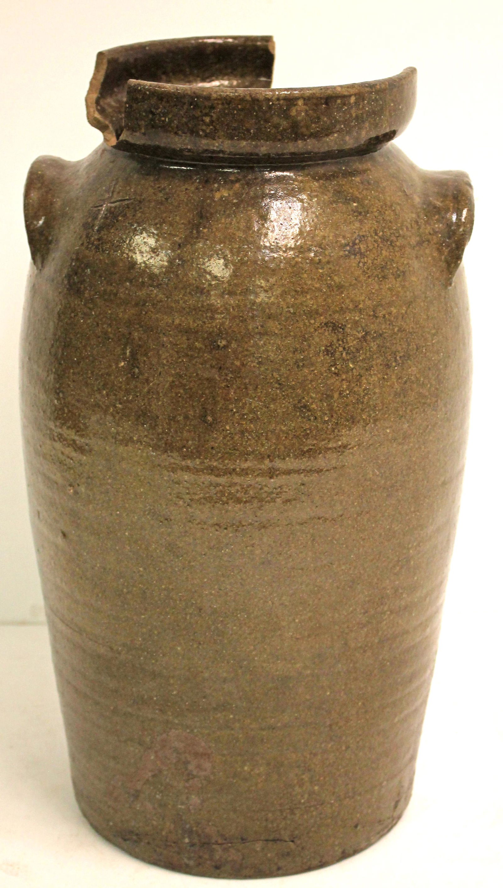 Southern stoneware jar attrib to "Dave The Slave" in green glaze w "X" near the rim - as found - 17" (1 of 13)