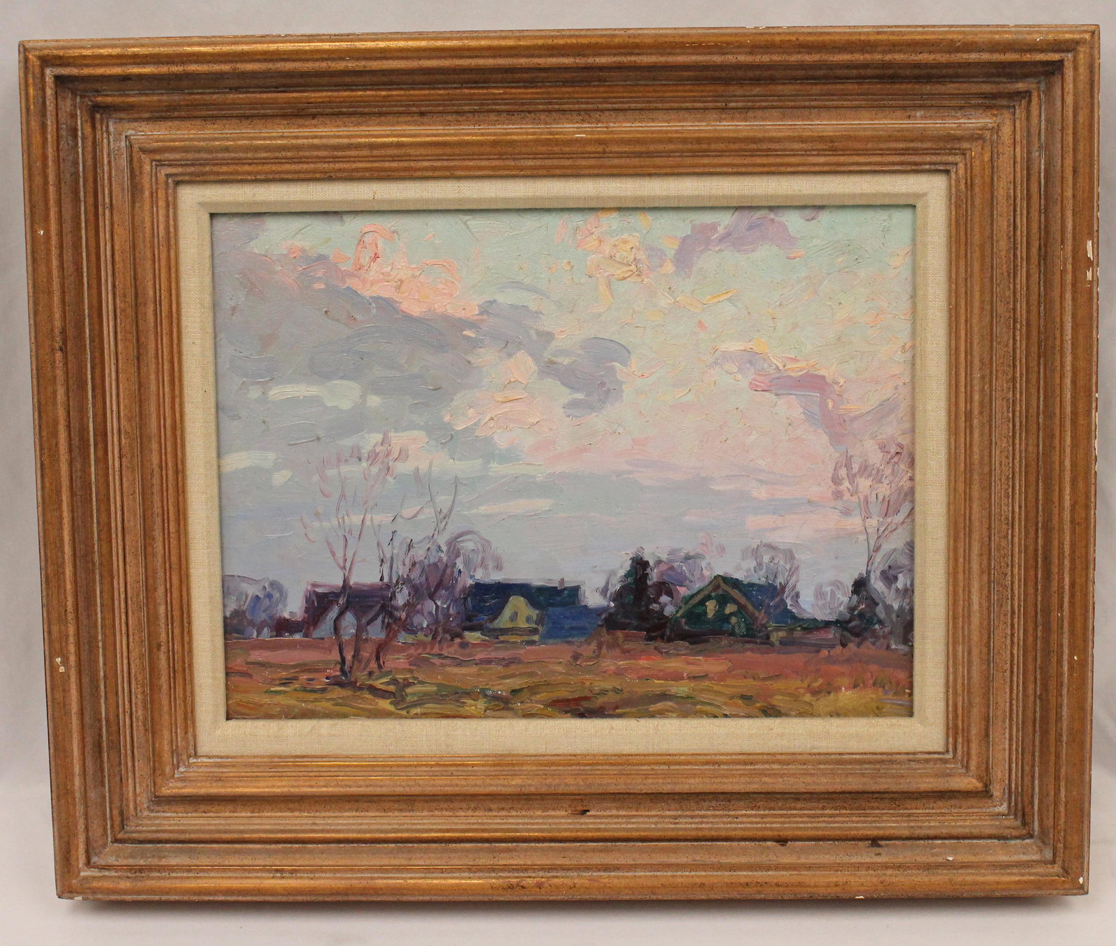 Unsgnd Impressionist o/bd landscape w houses - overall framed size 18 3/4"x22 1/2": Unsgnd Impressionist o/bd landscape w houses - overall framed size 18 3/4"x22 1/2"