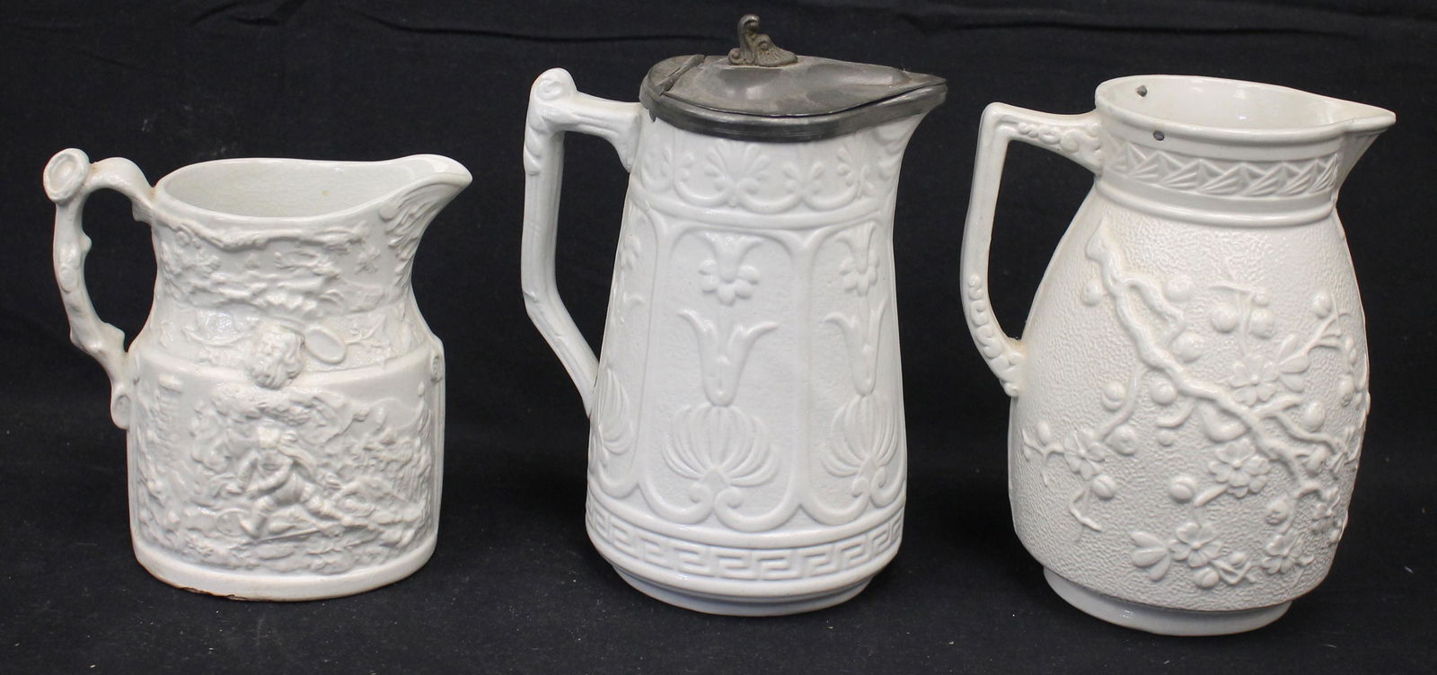 Lot of 3 molded stoneware pitchers - 7 1/2", 6 1/2" & 5" tall (1 of 9)
