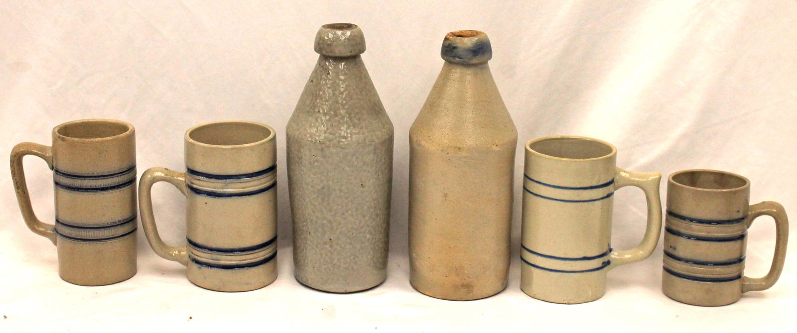Lot of 6 pcs of stoneware incl 2 bottles & 4 steins w cobalt banded dec - (1 of 7)