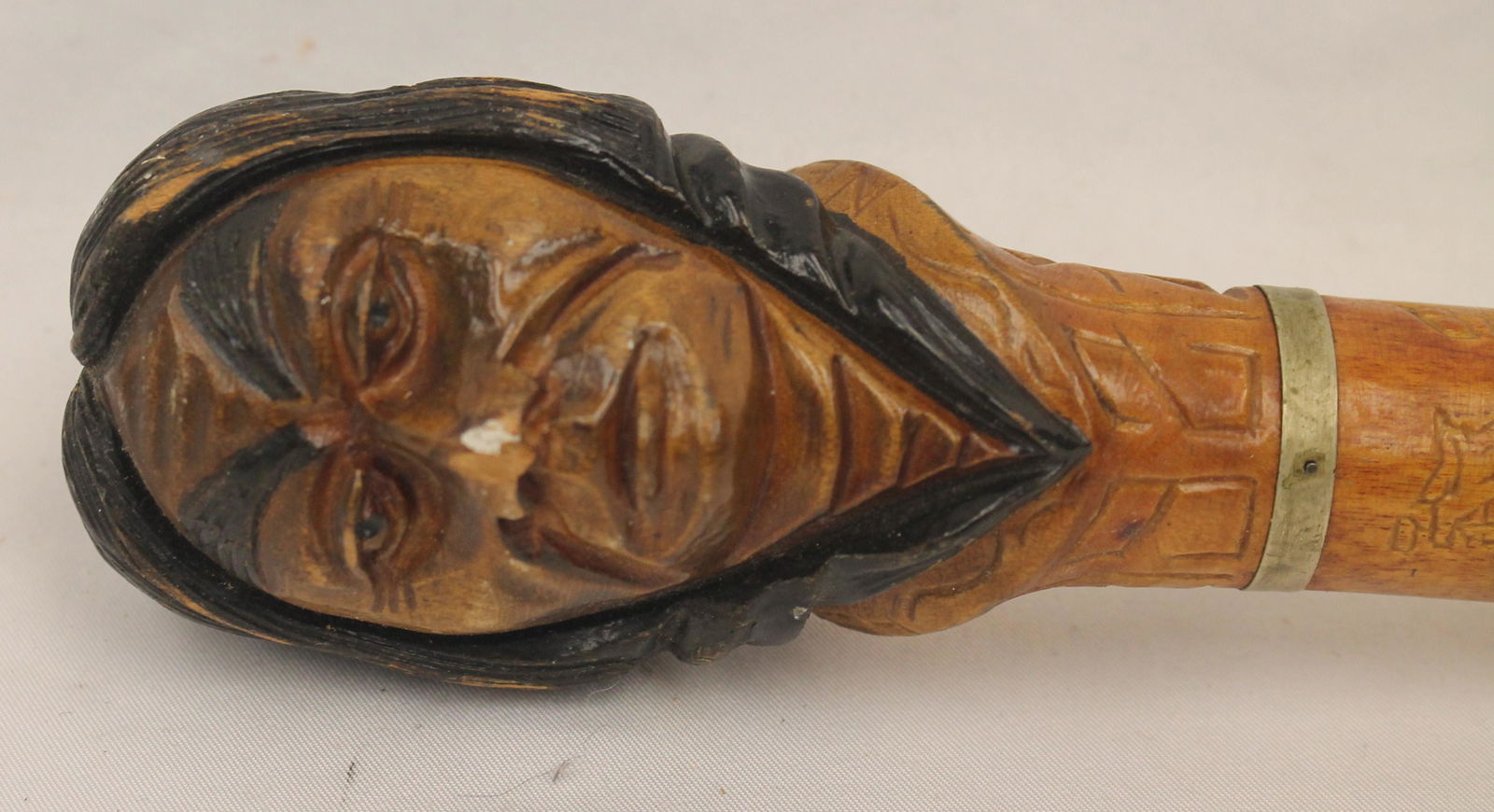 Wooden carved painted walking stick w figural Native American head & inscriptions on the shaft - 33 (1 of 8)