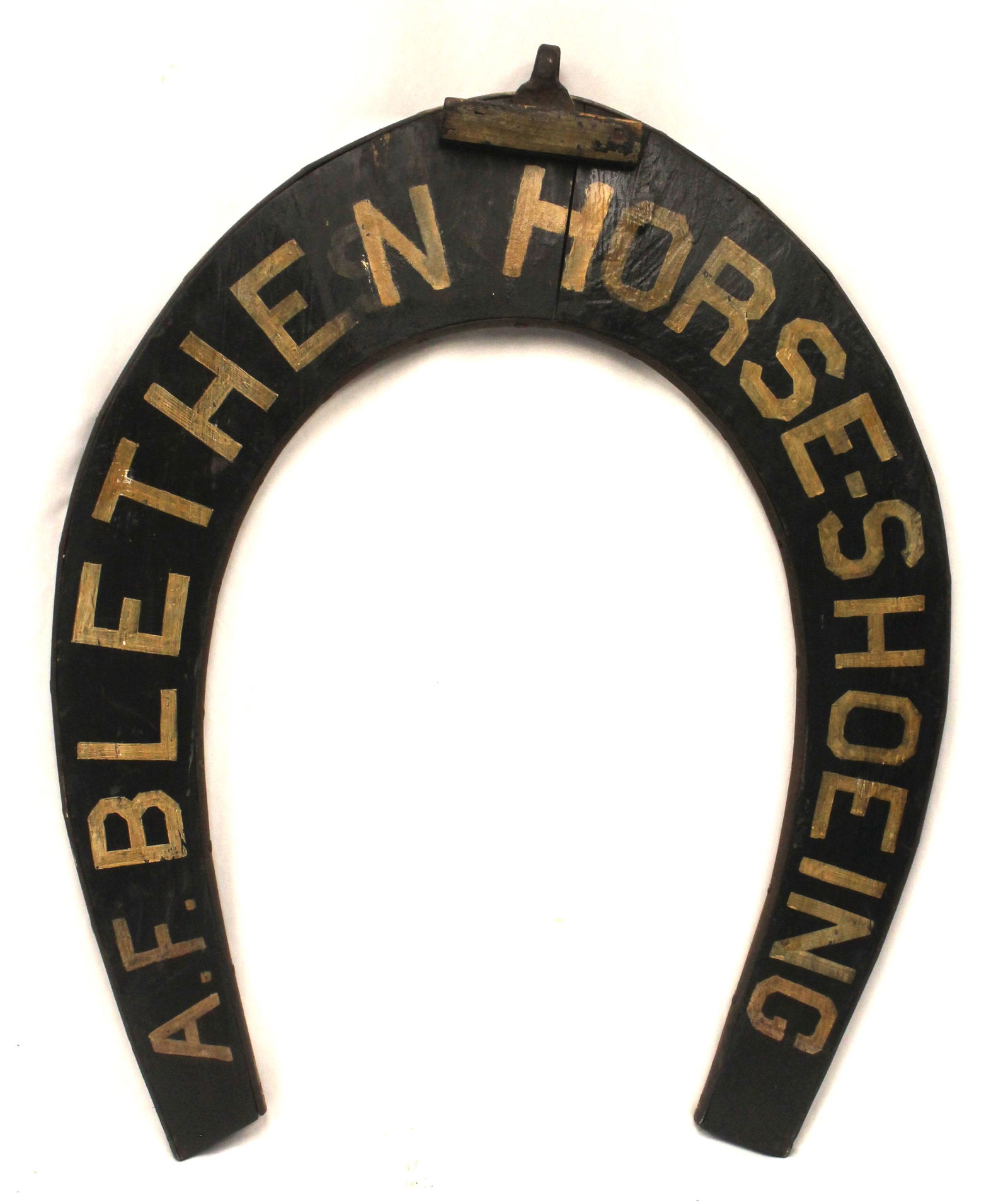 Antique wooden painted horseshoe form trade sign "A.F. Blethen Horse-shoeing" - 32" tall x 26" wide (1 of 6)