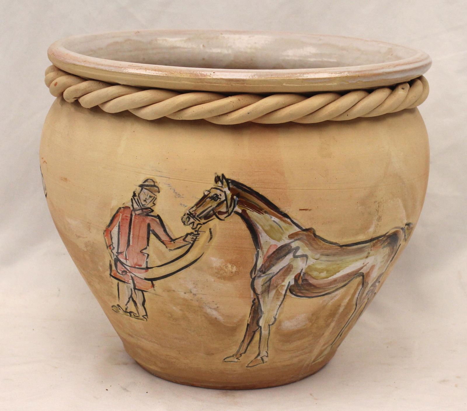 Signed Fred Baldus dated 1994 pottery jardinere w hand painted horse motif - 11 1/2" tall (1 of 3)