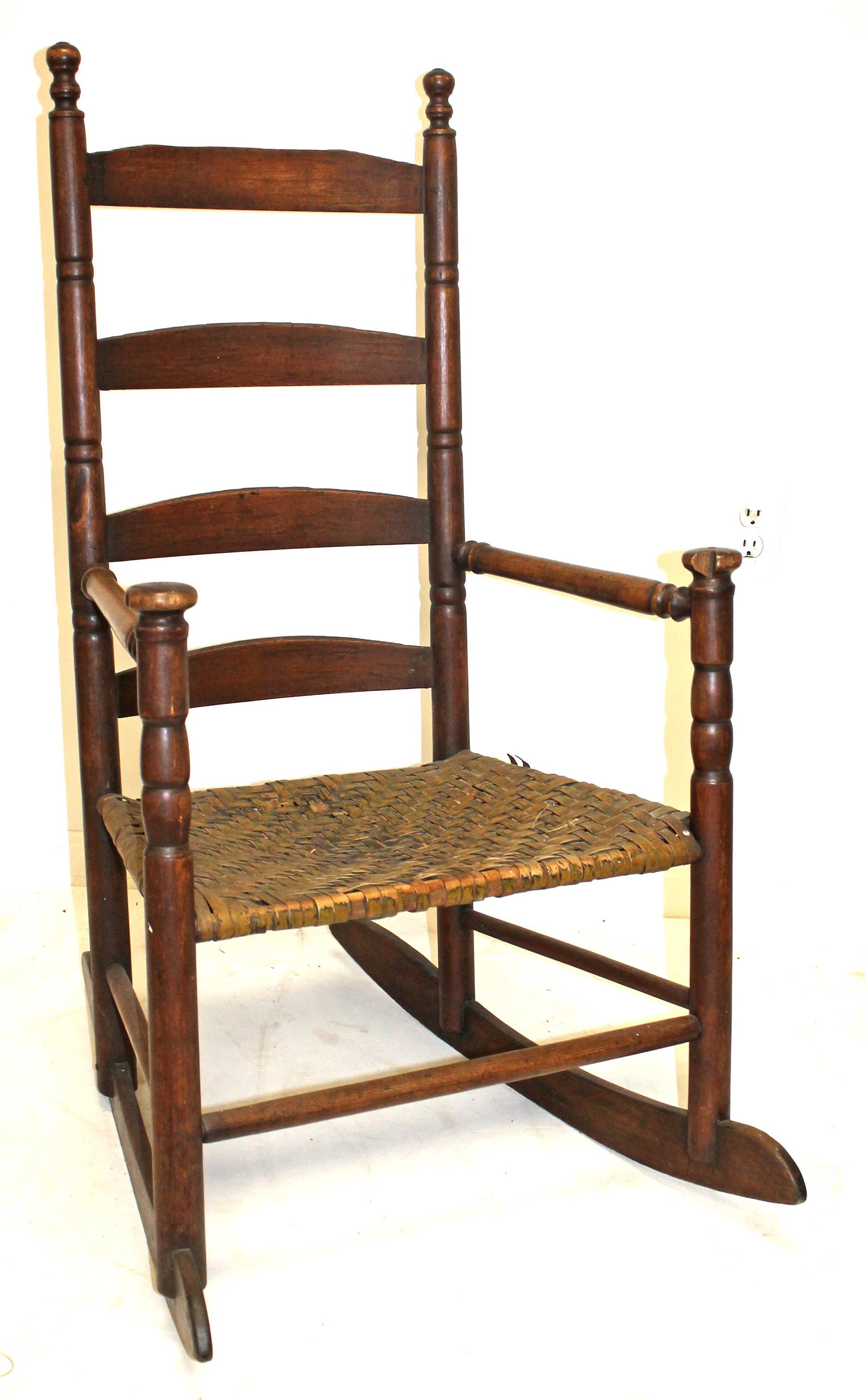 Antique ladderback rocking armchair w splint seat & mushroom arms: Antique ladderback rocking armchair w splint seat & mushroom arms