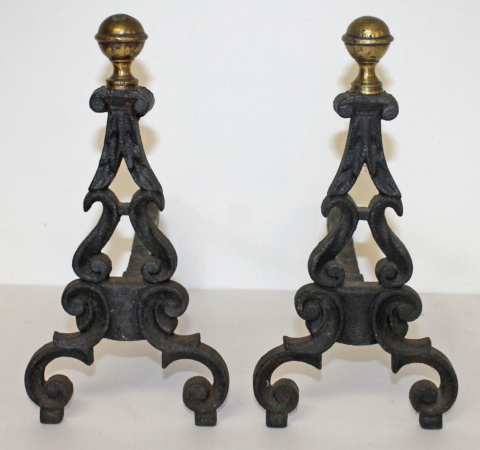 pr of small antique andirons w brass finials - 12" tall x 12" deep (1 of 8)