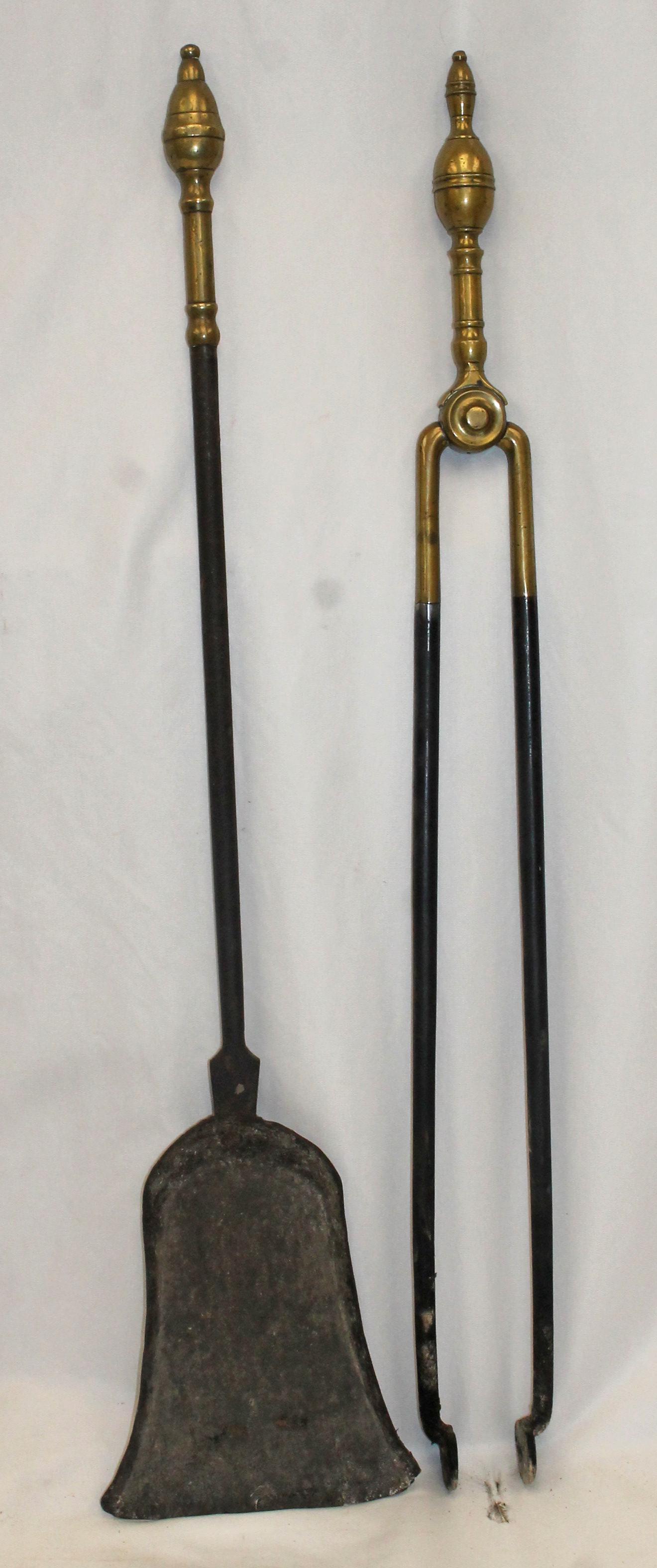 Lot of 2 antique fireplace implements w brass finials - shovel & tongs - 30" & 29 1/2" tall (1 of 3)