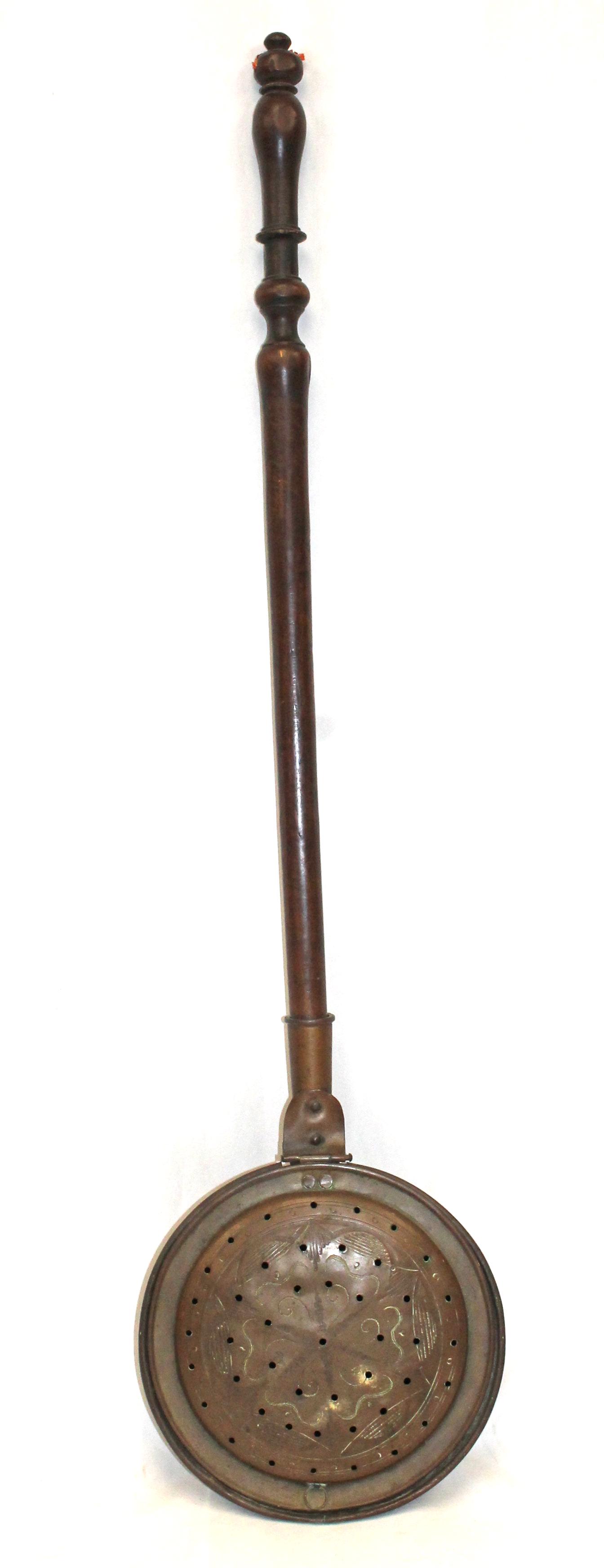 Antique wooden handled pierced copper bed warmer - 41" tall (1 of 3)