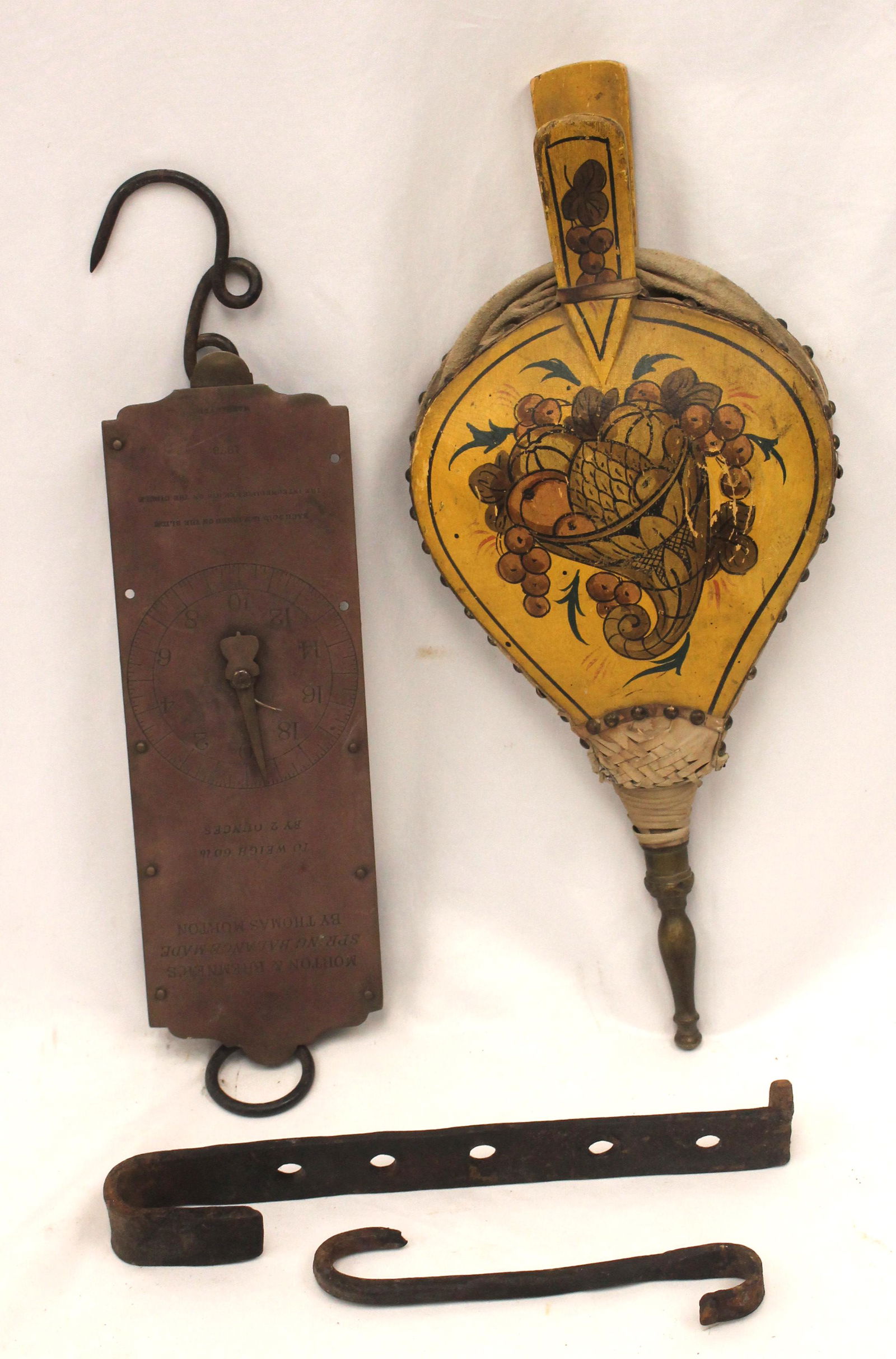 Antique fireplace lot incl bellows, scale & 2 iron hooks - (1 of 4)