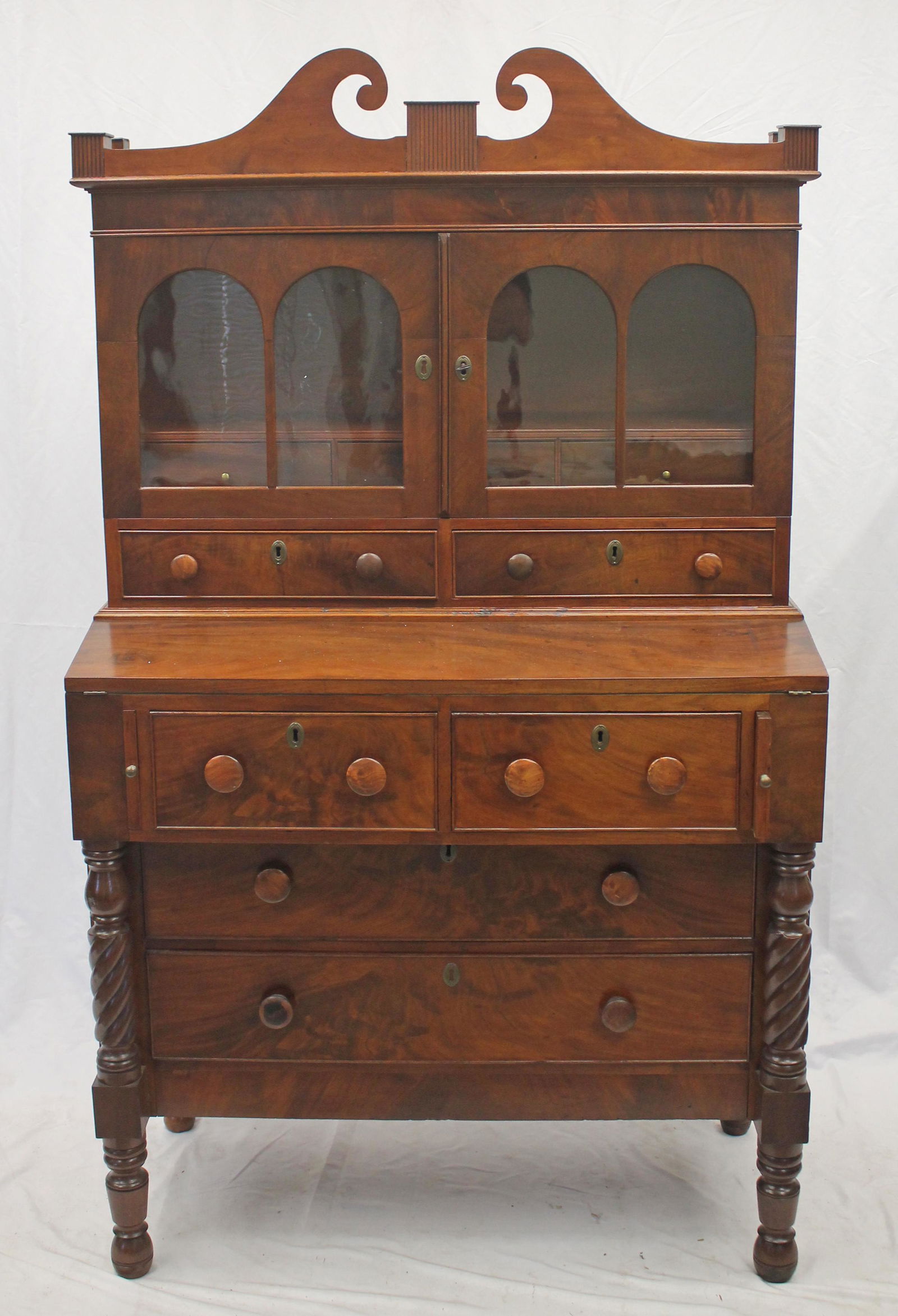 19thC Sheraton mahog 2 part desk/secretary - 66 1/2" tall x 39" wide x 19" deep (1 of 9)