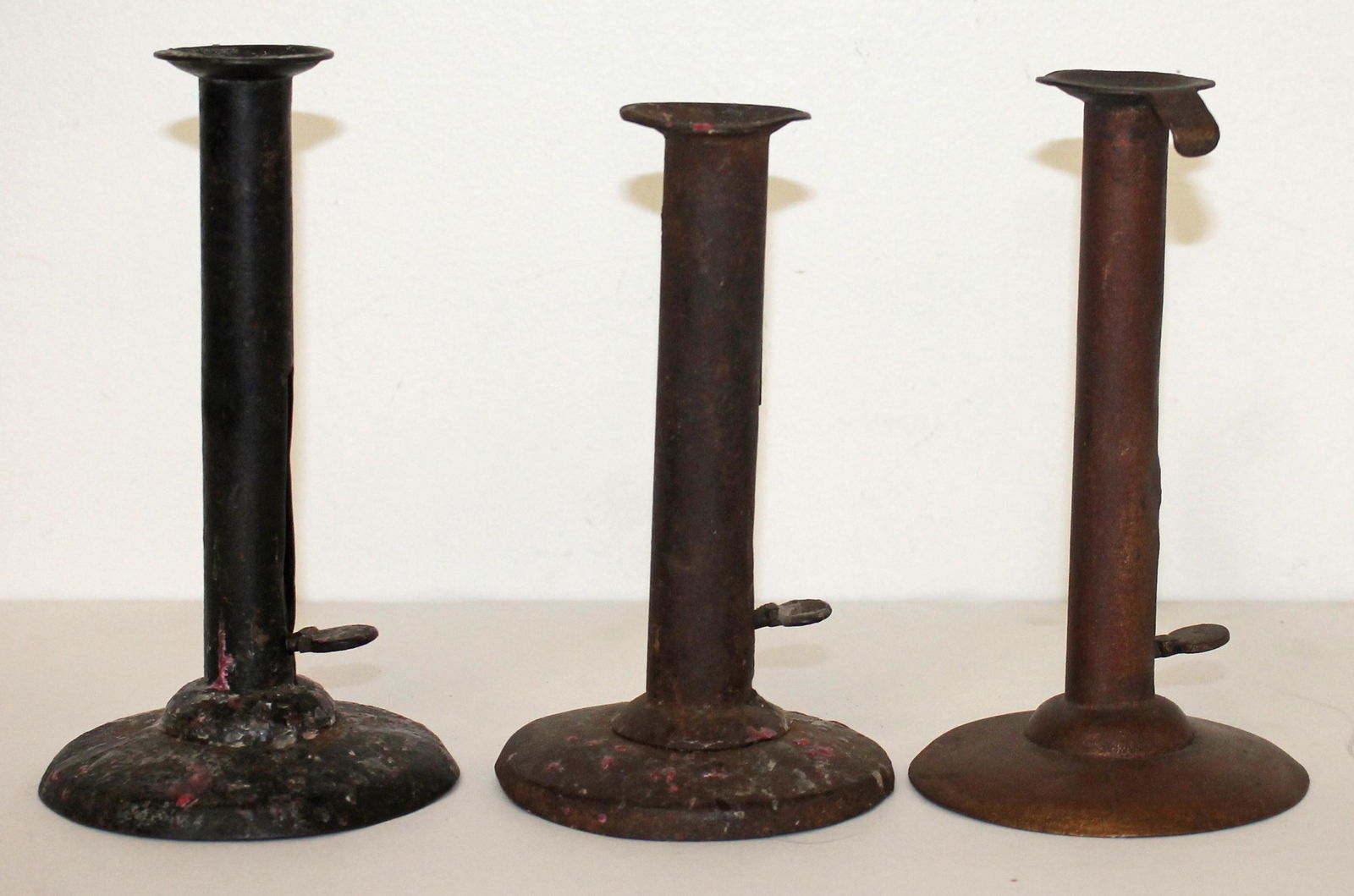 Lot of 3 tin hogscraper push-up candlesticks - 6 1/2", 7" & 7 1/4" tall (1 of 11)