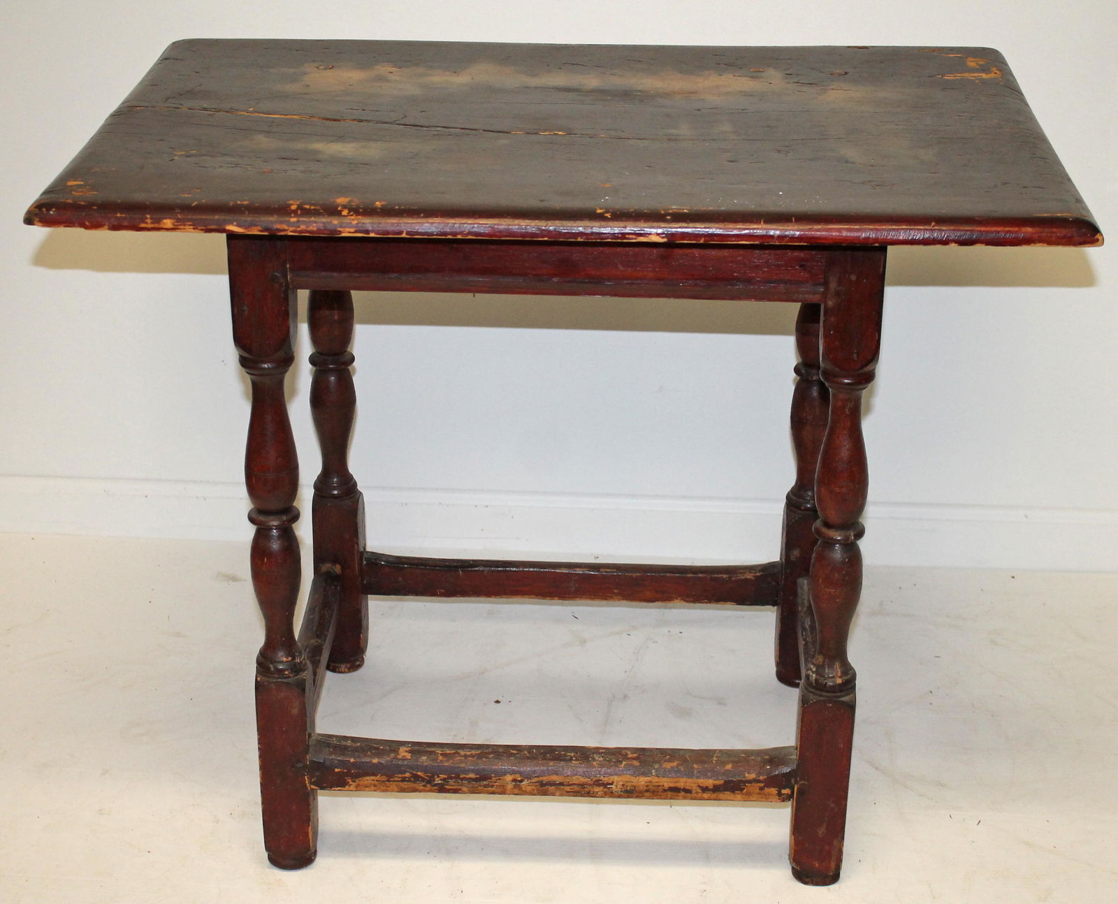 Antique stretcher based tavern table in red - 25" tall x 32" wide x 22" deep (1 of 5)