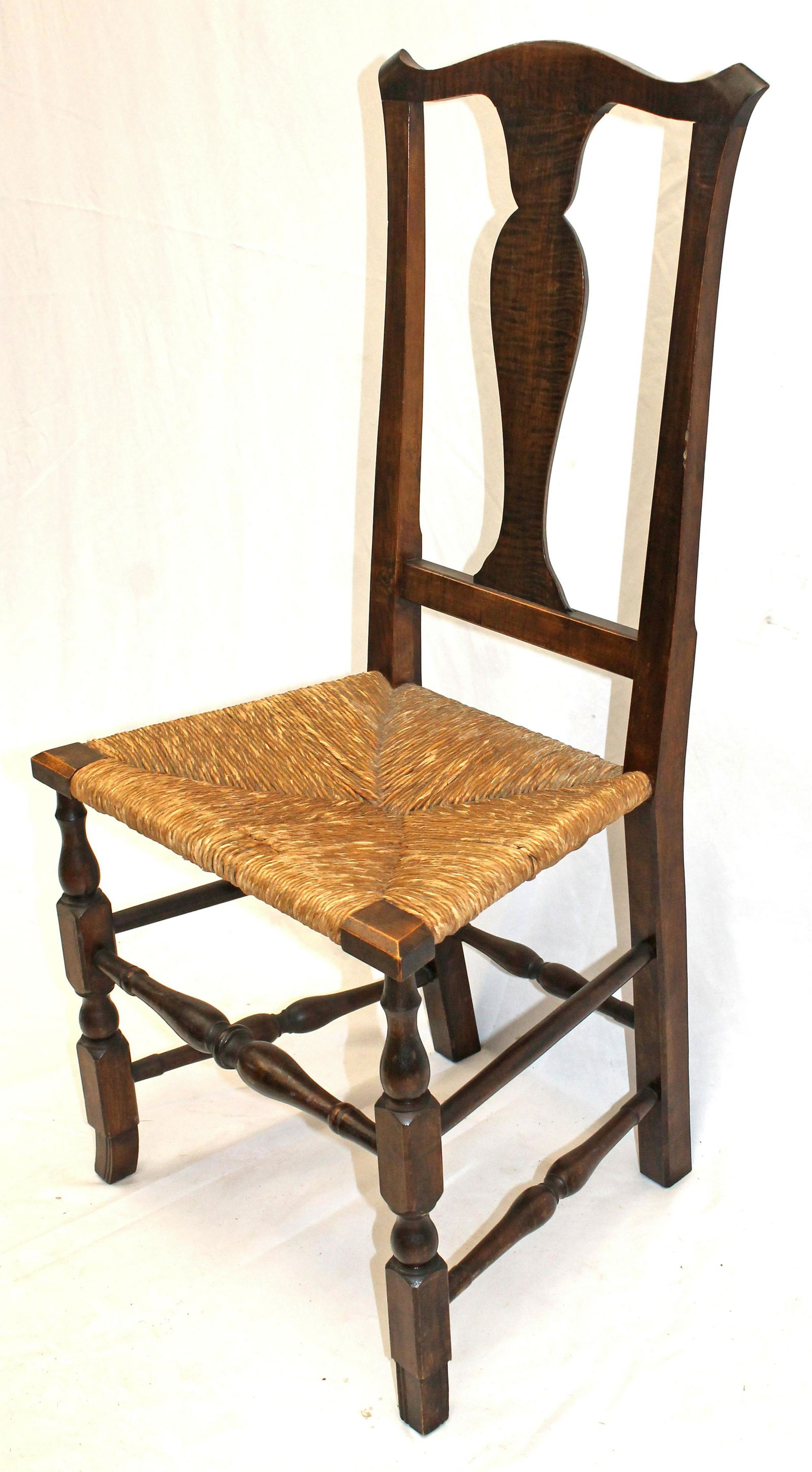 Antique tiger maple side chair w rush seat on Spanish feet - (1 of 6)