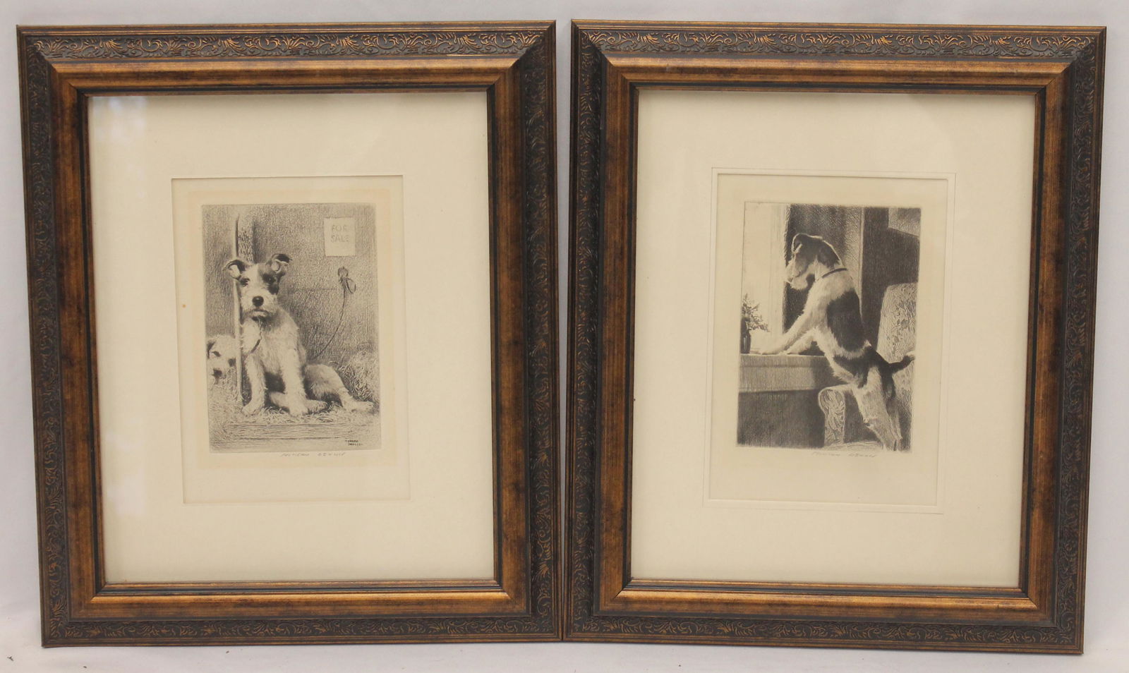 Lot of 2 pencil sgnd Morgan Dennis etchings of Scottie dogs - overall framed size 12 1/2"x10 1/2" (1 of 5)