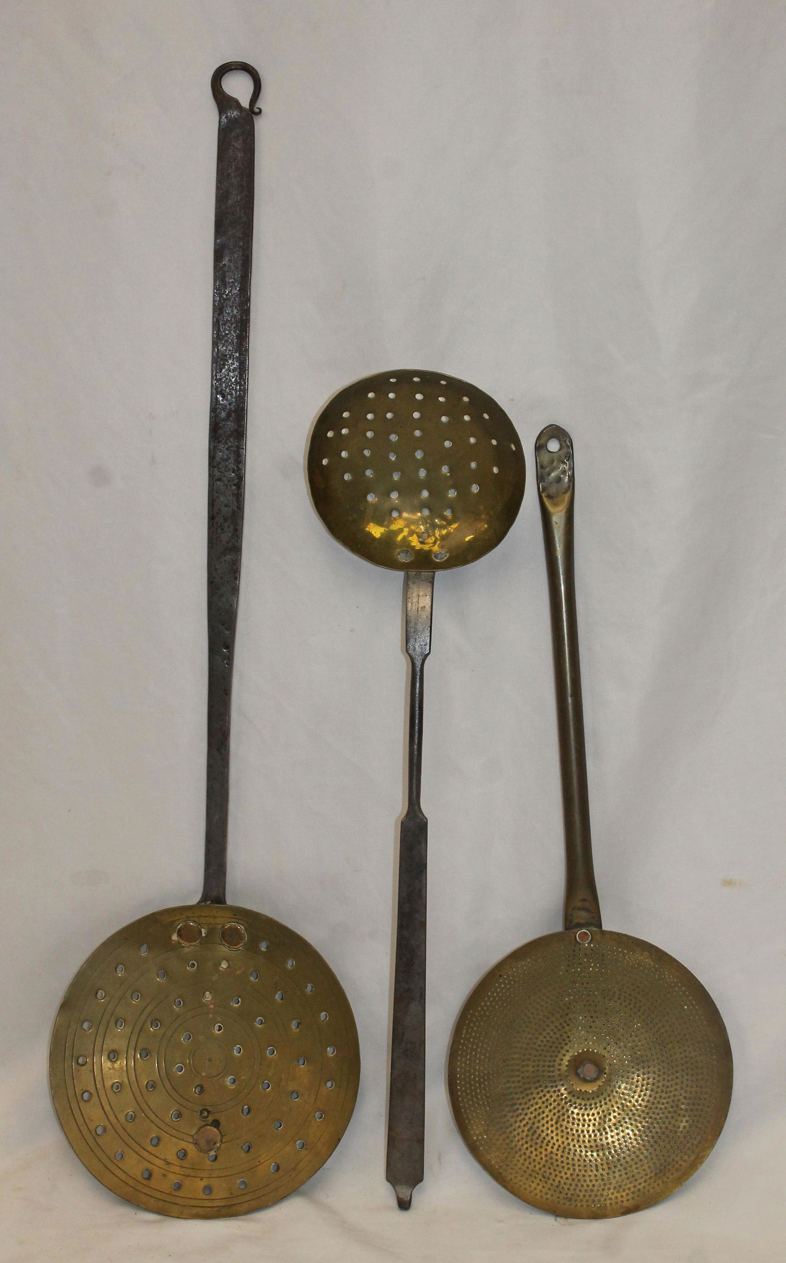 Lot of 3 antique copper strainers/ladles - 2 w iron handles 1 w brass handle - 27", 20" & 18" long (1 of 10)