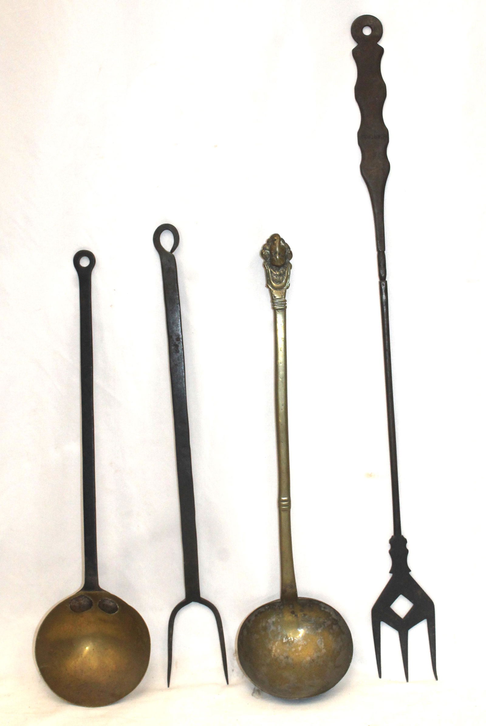 Lot of 4 antique cooking implements incl 2 iron tongs, an iron handled brass ladle & a brass ladle - (1 of 17)
