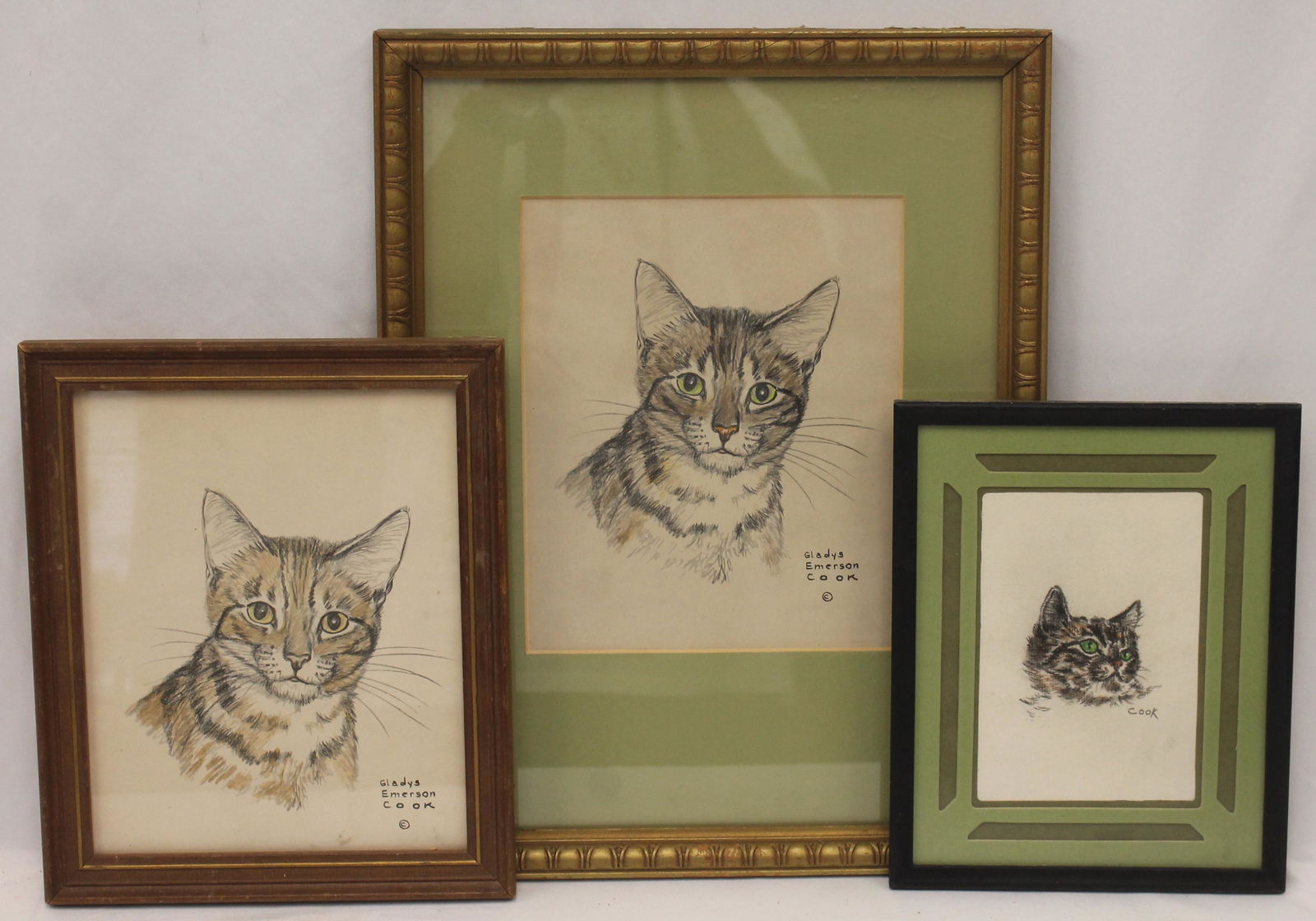 Lot of 3 Gladys Emerson Cook framed cat portrait prints - 17 1/2"x13 1/2", 11 1/2"x9 1/2" & 10"x8" (1 of 4)