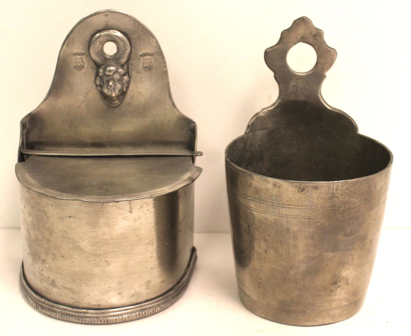 Lot of 2 antique pewter salt boxes - 7 1/2" & 8" tall (1 of 8)